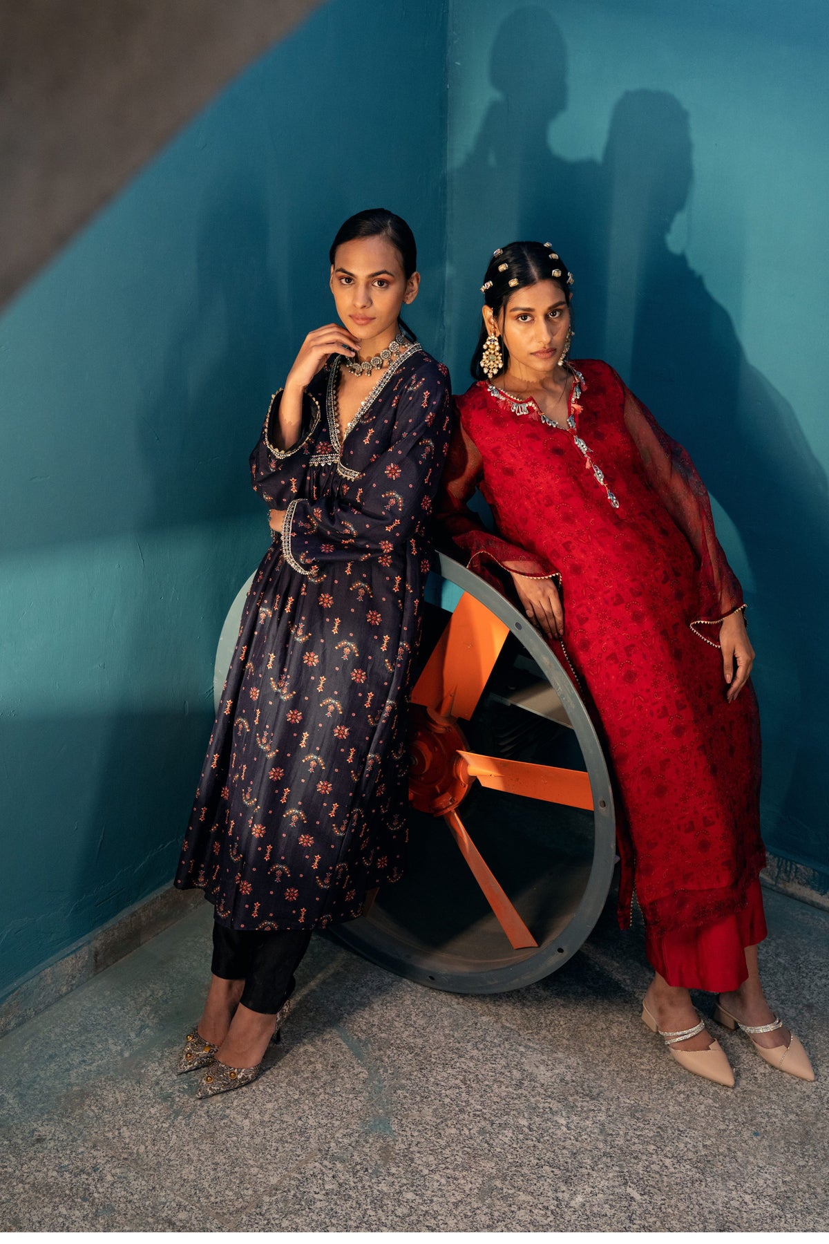 Black Buta Print Embellished Kurta Set