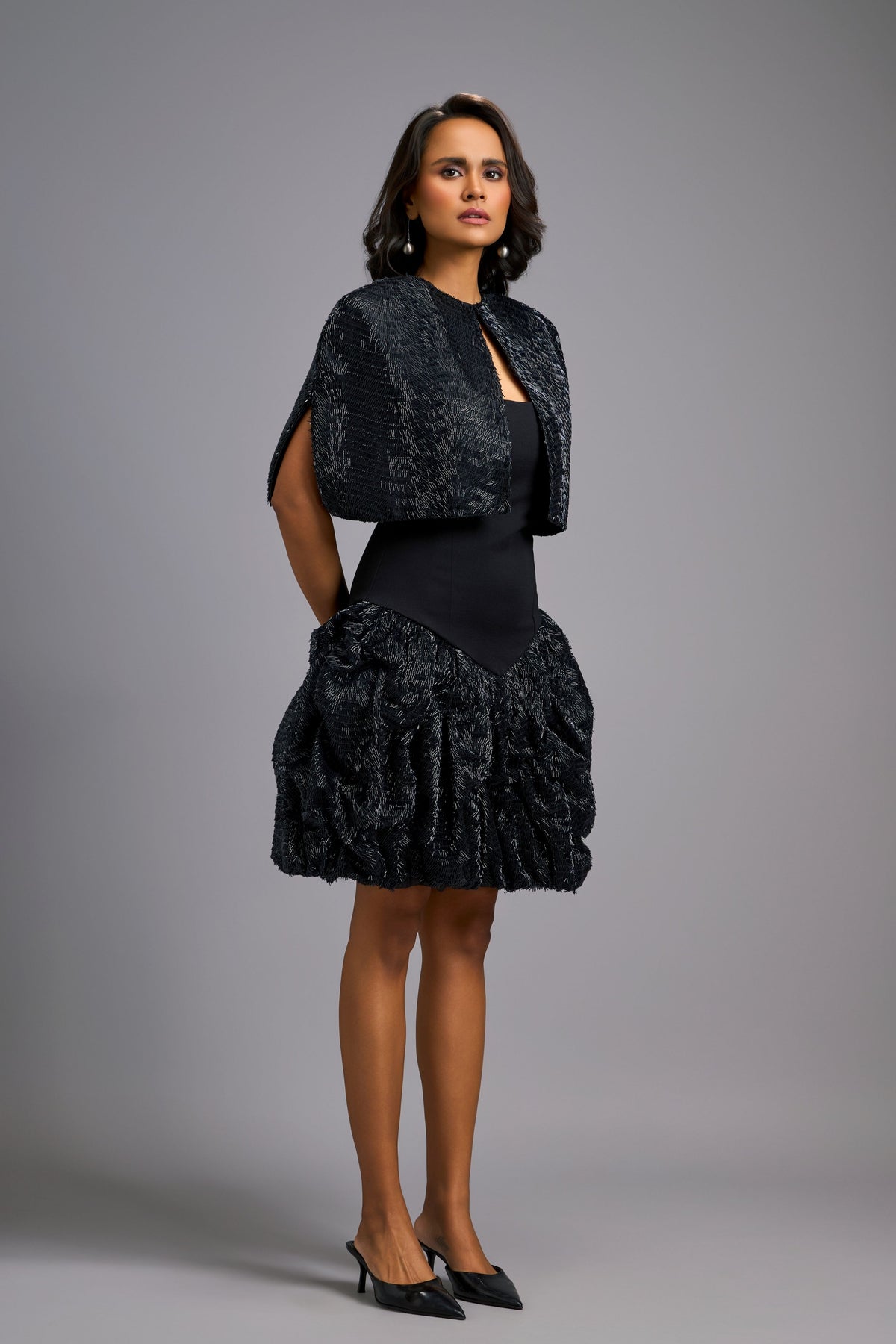Shimmer Embroidered Black Cape Dress