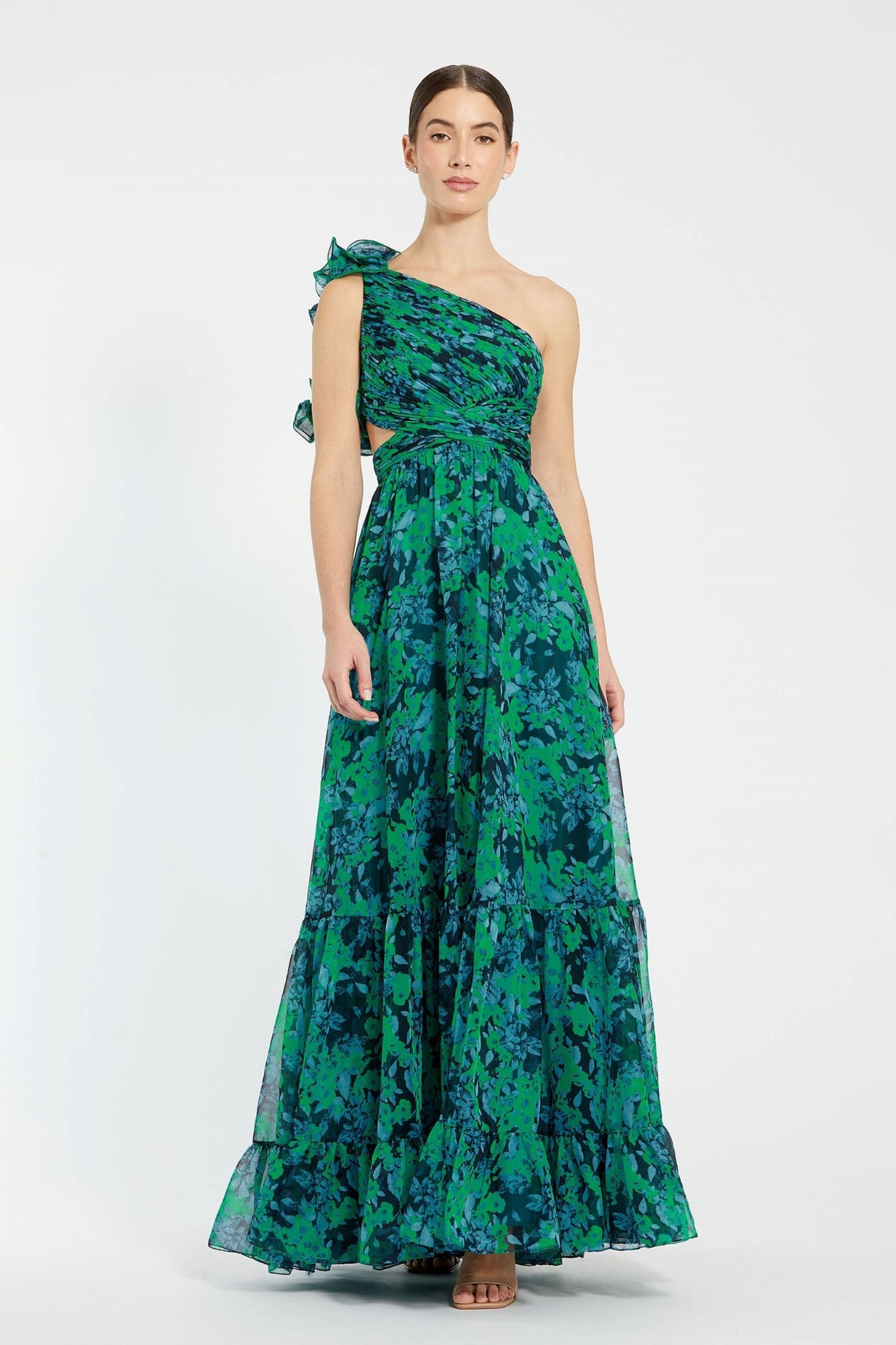 Green One Shoulder Ruffle Gown