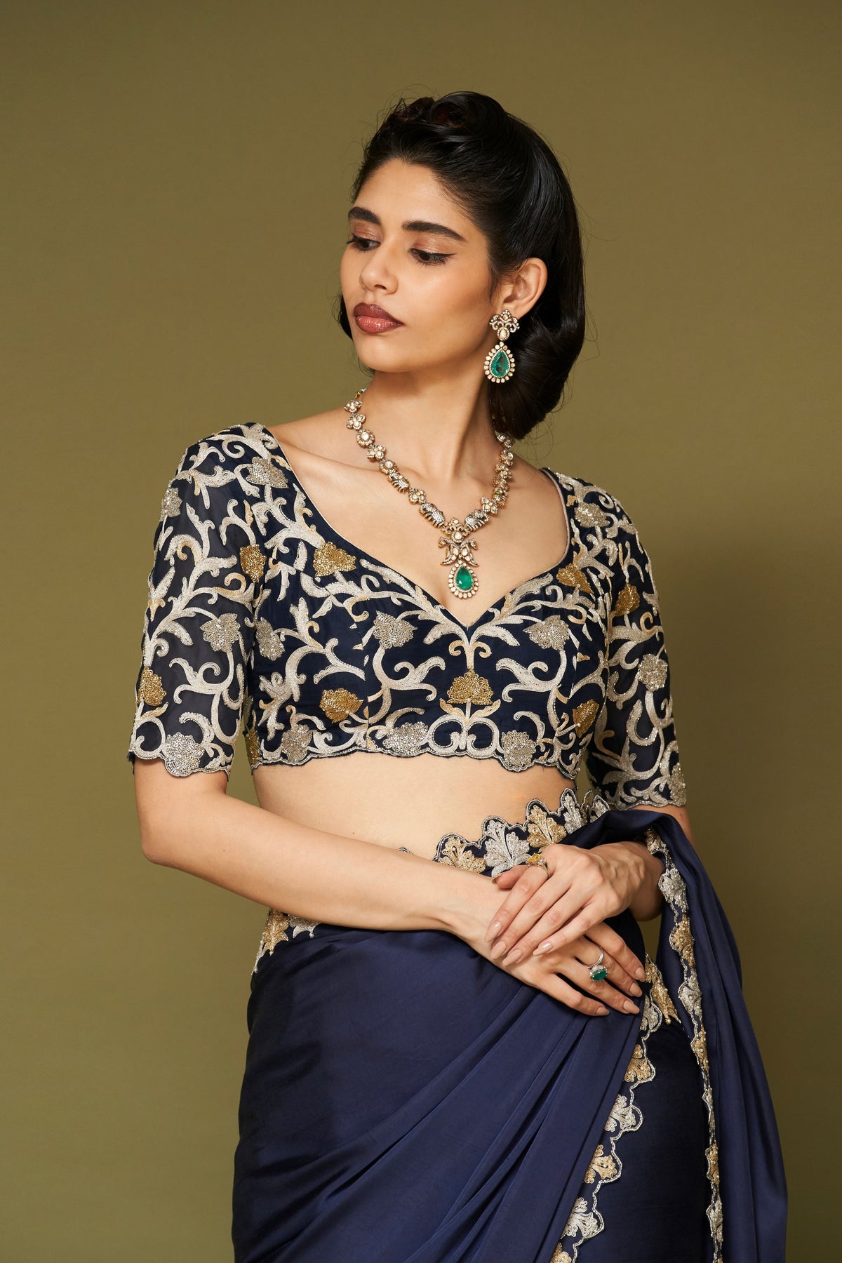 Navy Embroidered Modal Satin Saree Set