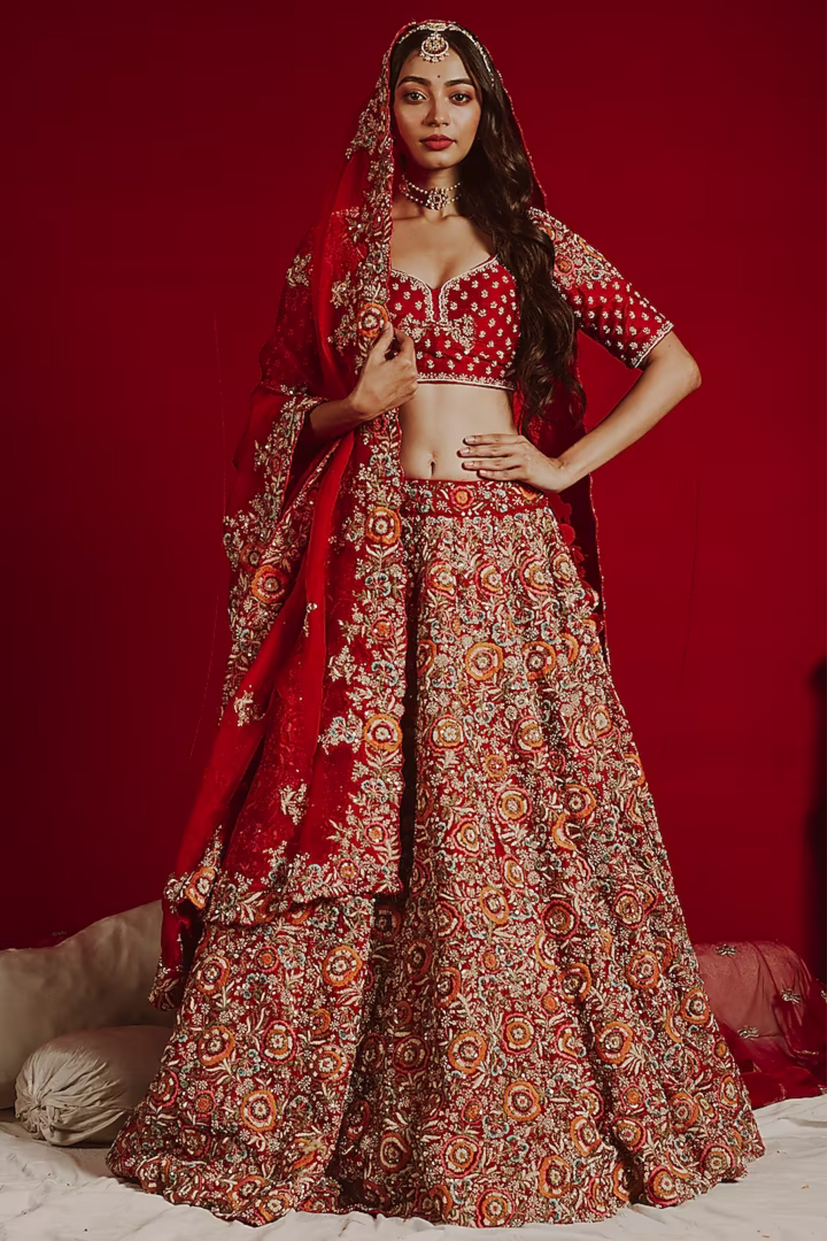 Red Embroidered Lehenga Set