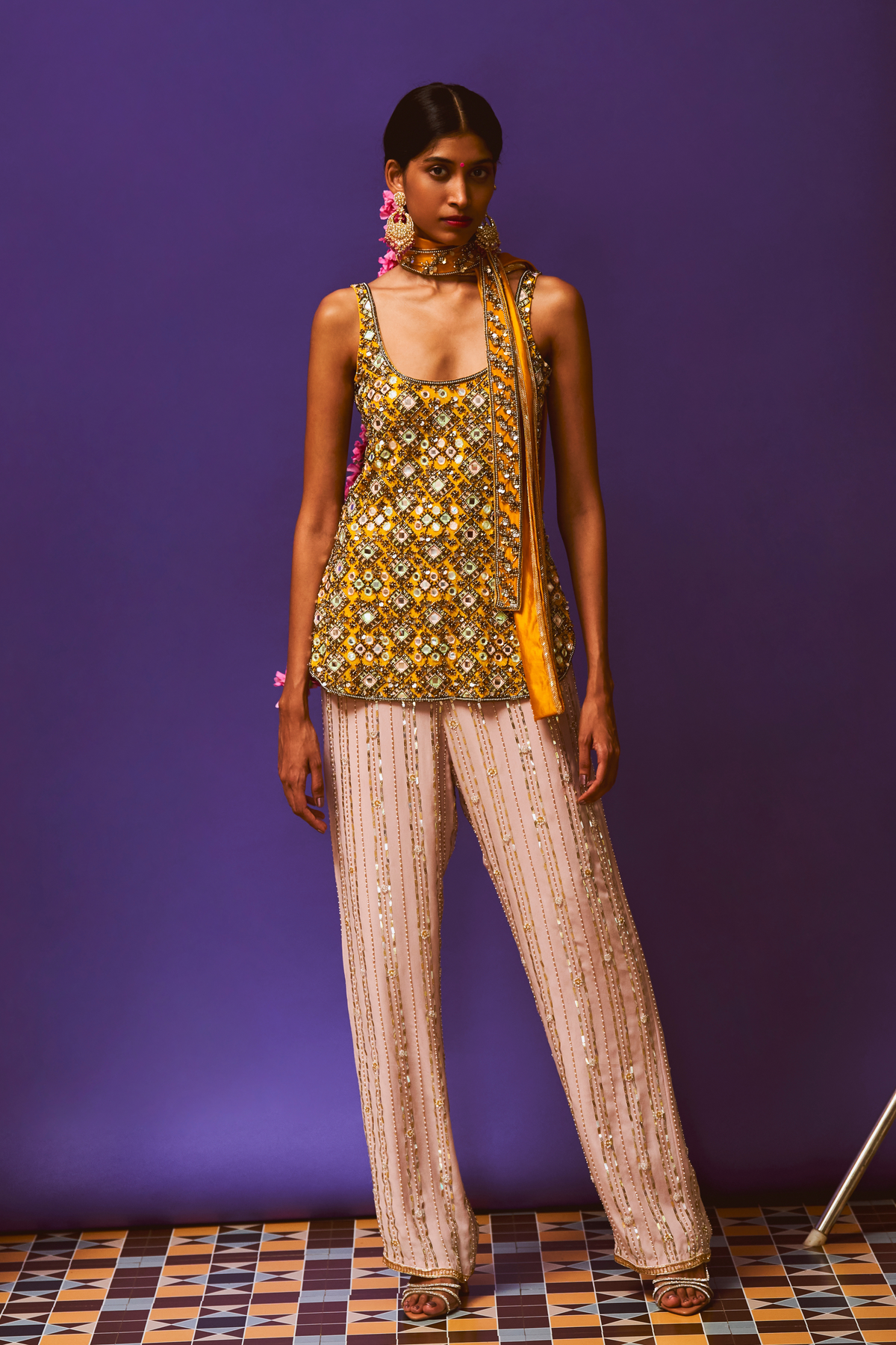 Mustard Embellished Kurta With Pants