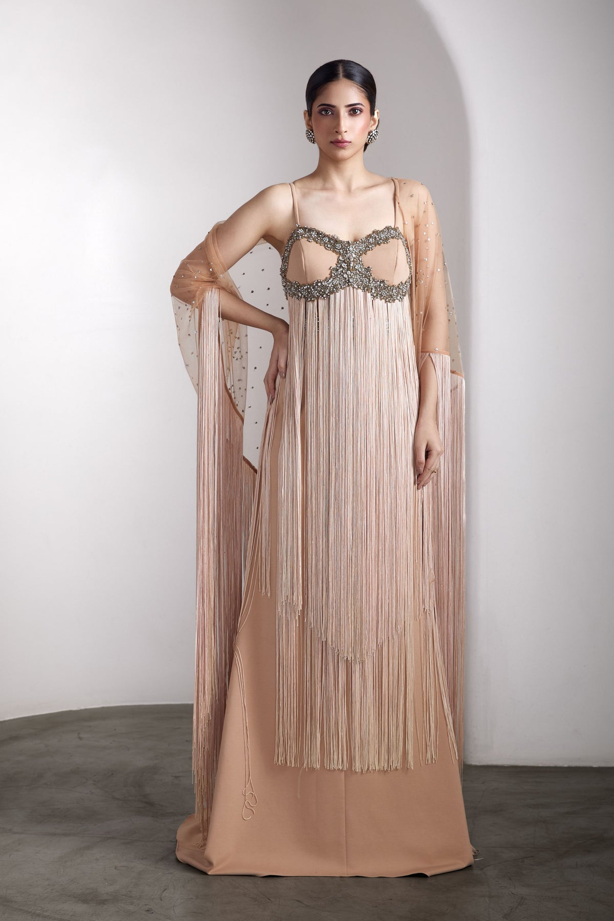 Nude Fringe Embellished Gown