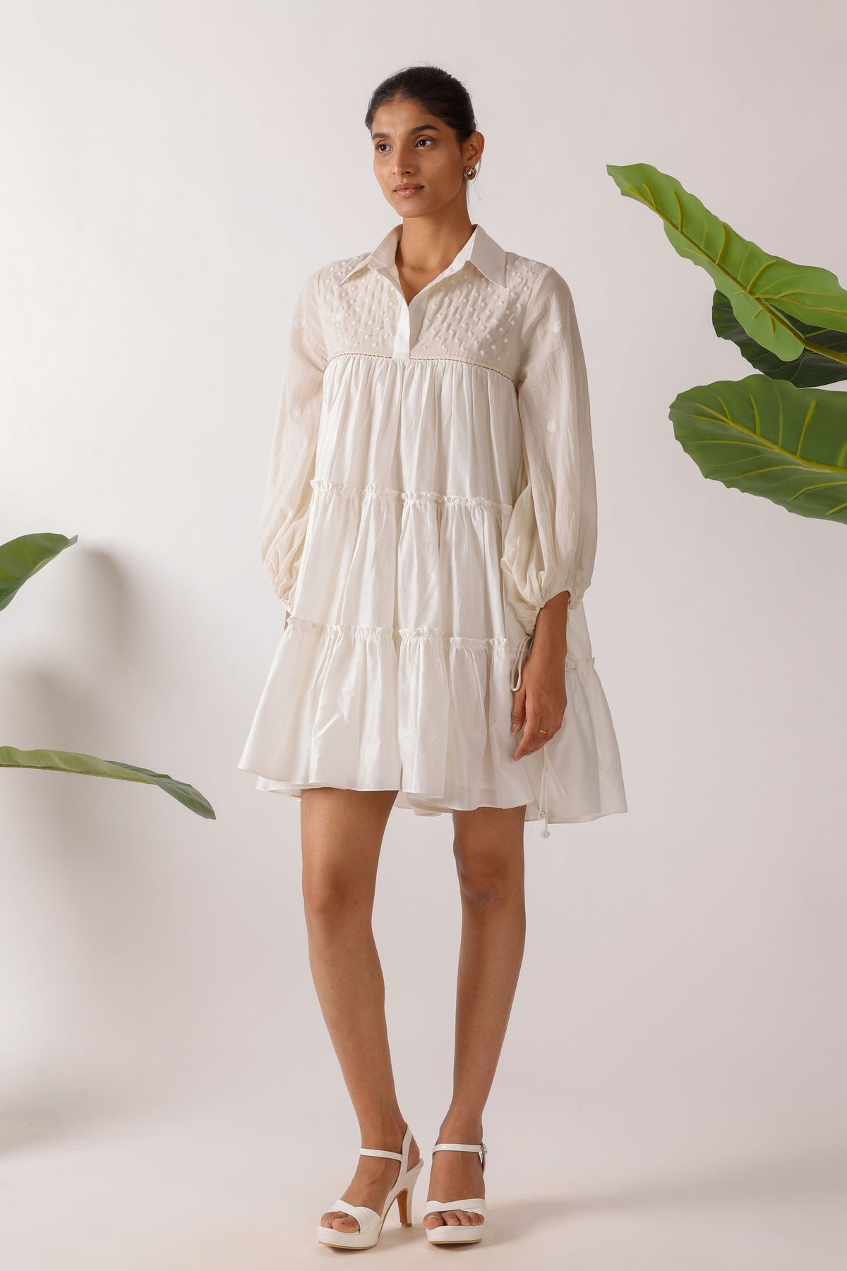 Jaamdani Embroidered Balloon Sleeves Dress