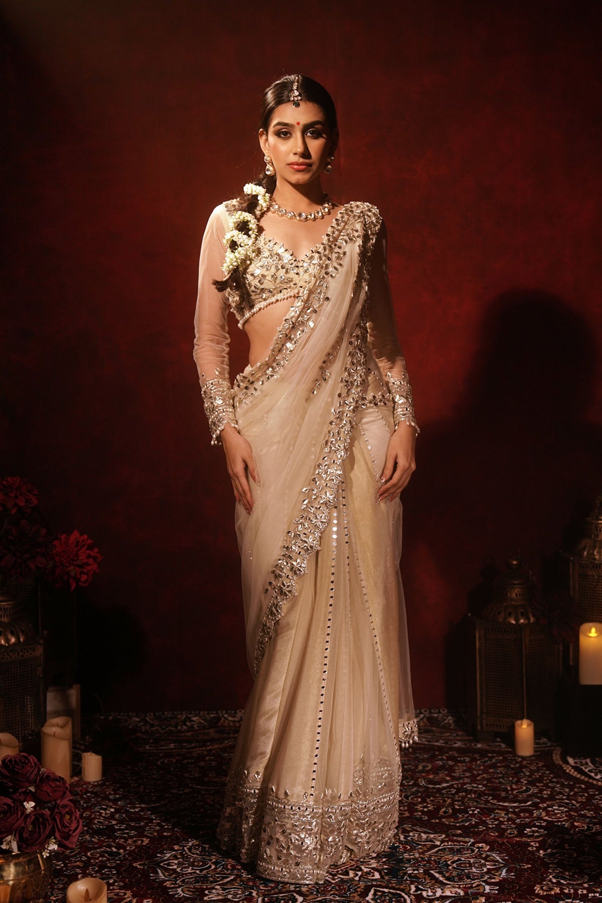 Ivory Gota Kali Draped Saree Set
