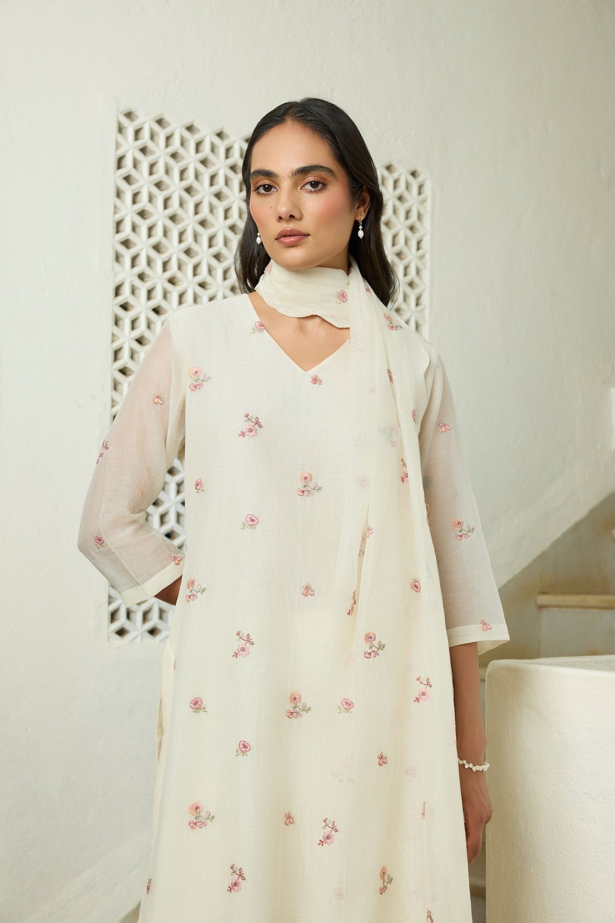 Ivory Floral Embroidered Kurta Set