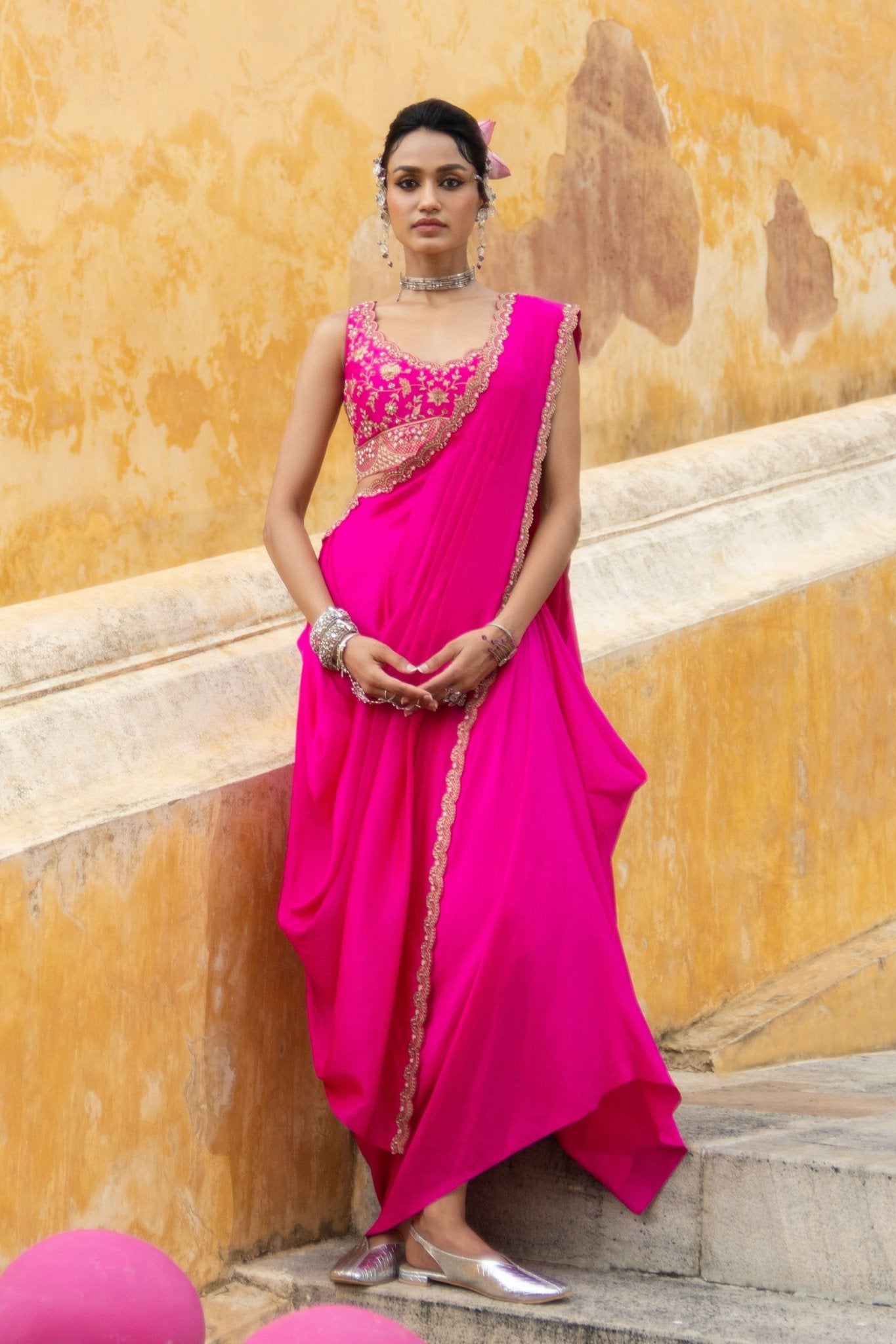 Bright Fuschia Draped Saree - Pink City - Elahe
