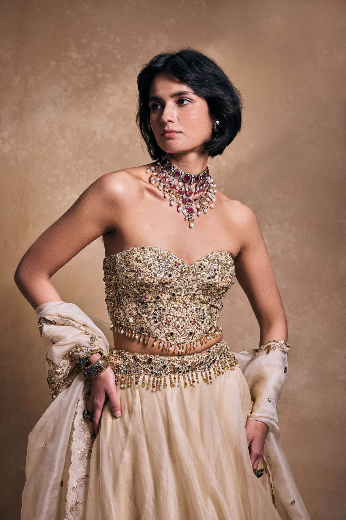 Cream Organza Lehenga Set