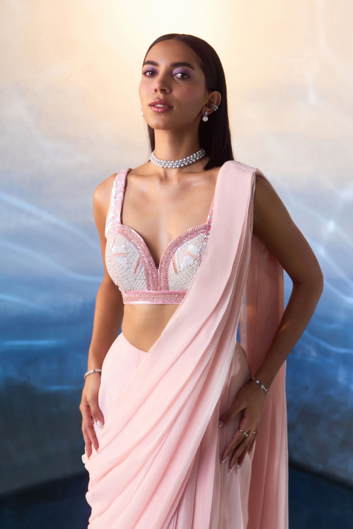 Powder Pink Drape Saree Set