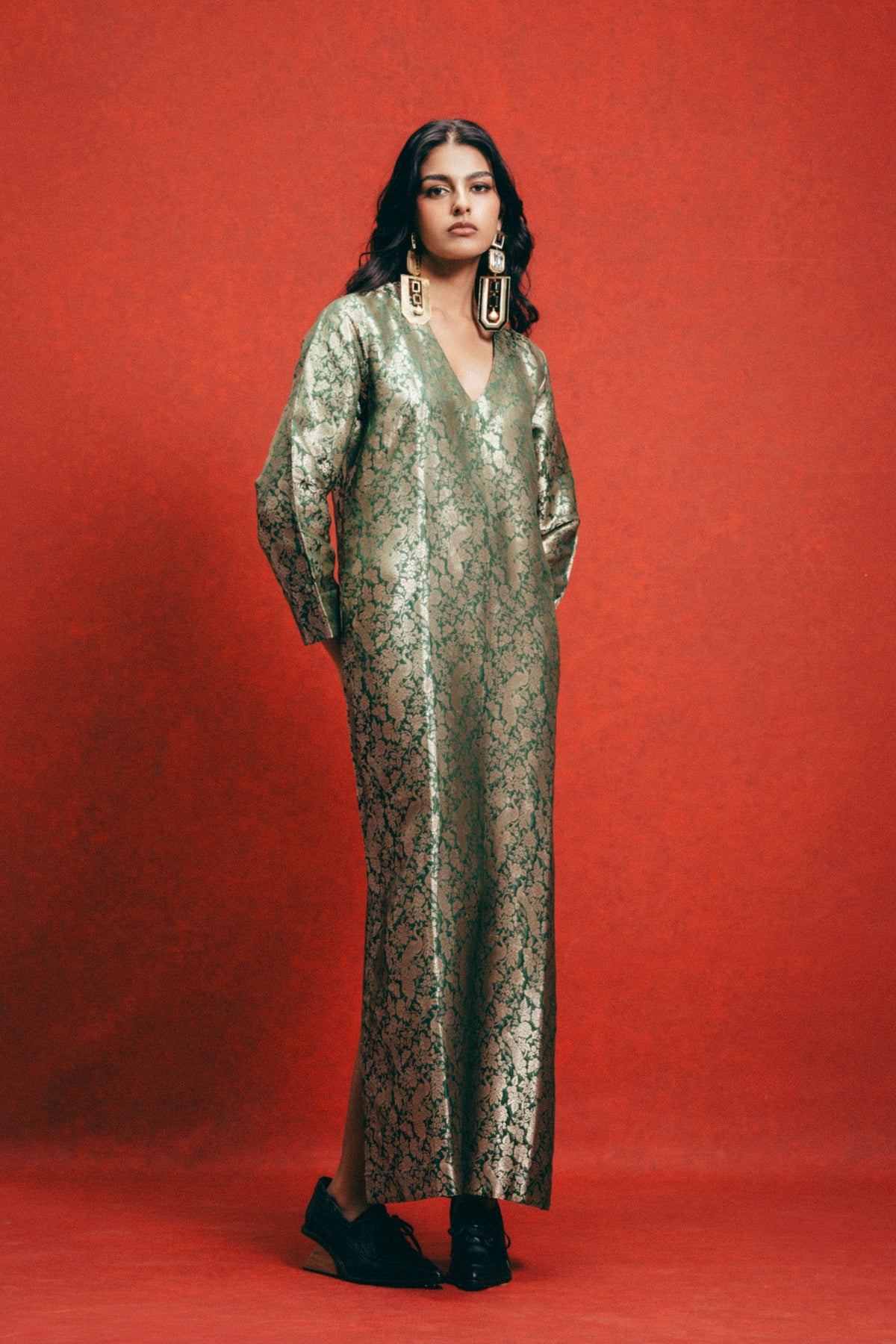 Handwoven Sage Green Banarasi Kaftan