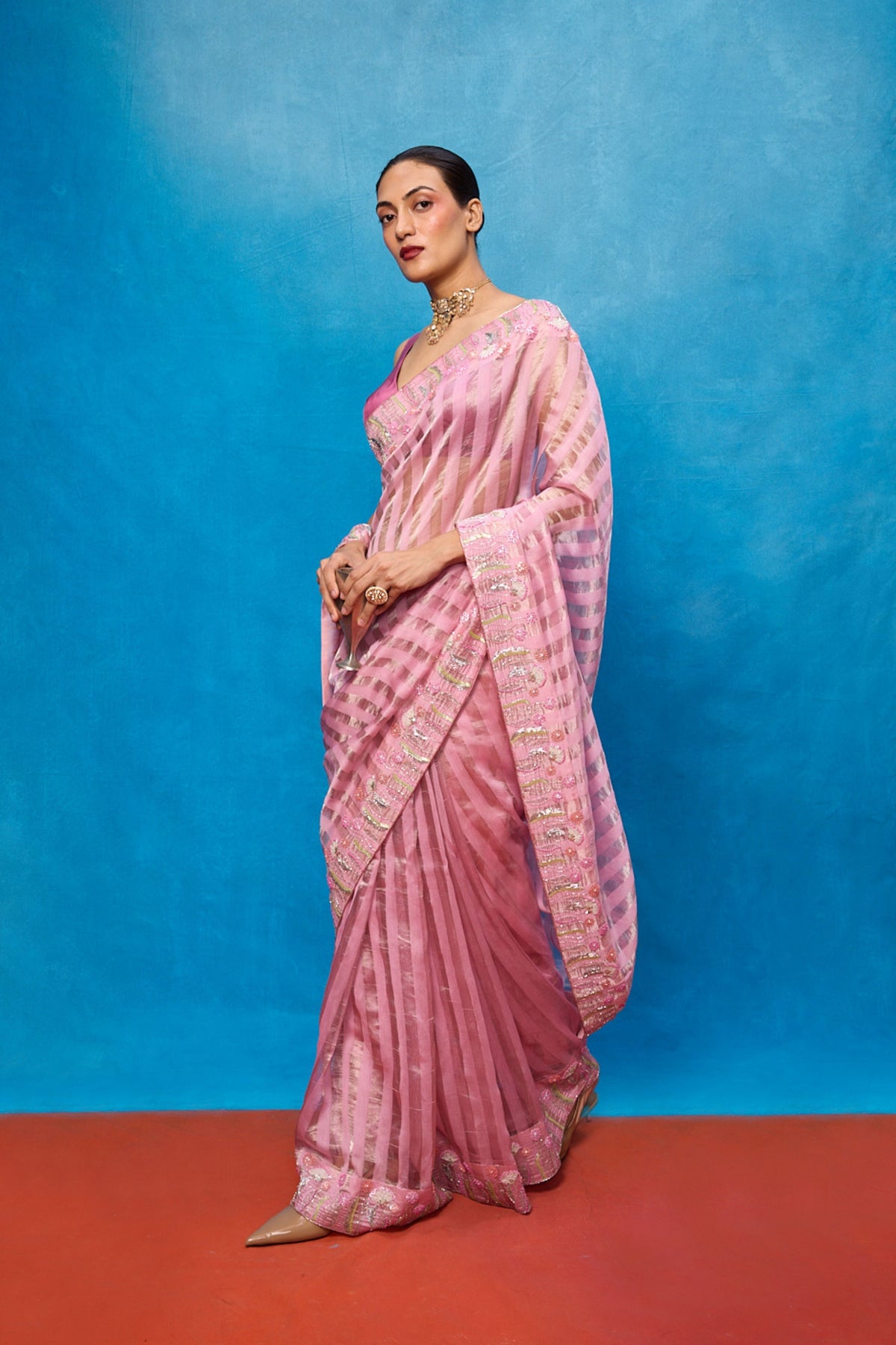 Handwoven Pink Tissue Embroidered Saree