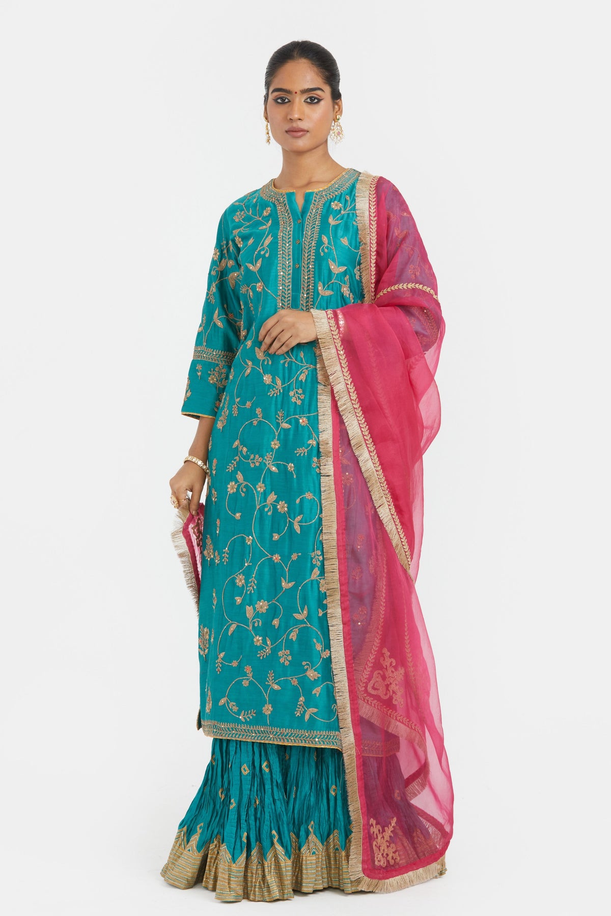 Teal Silk Chanderi Lehenga Set