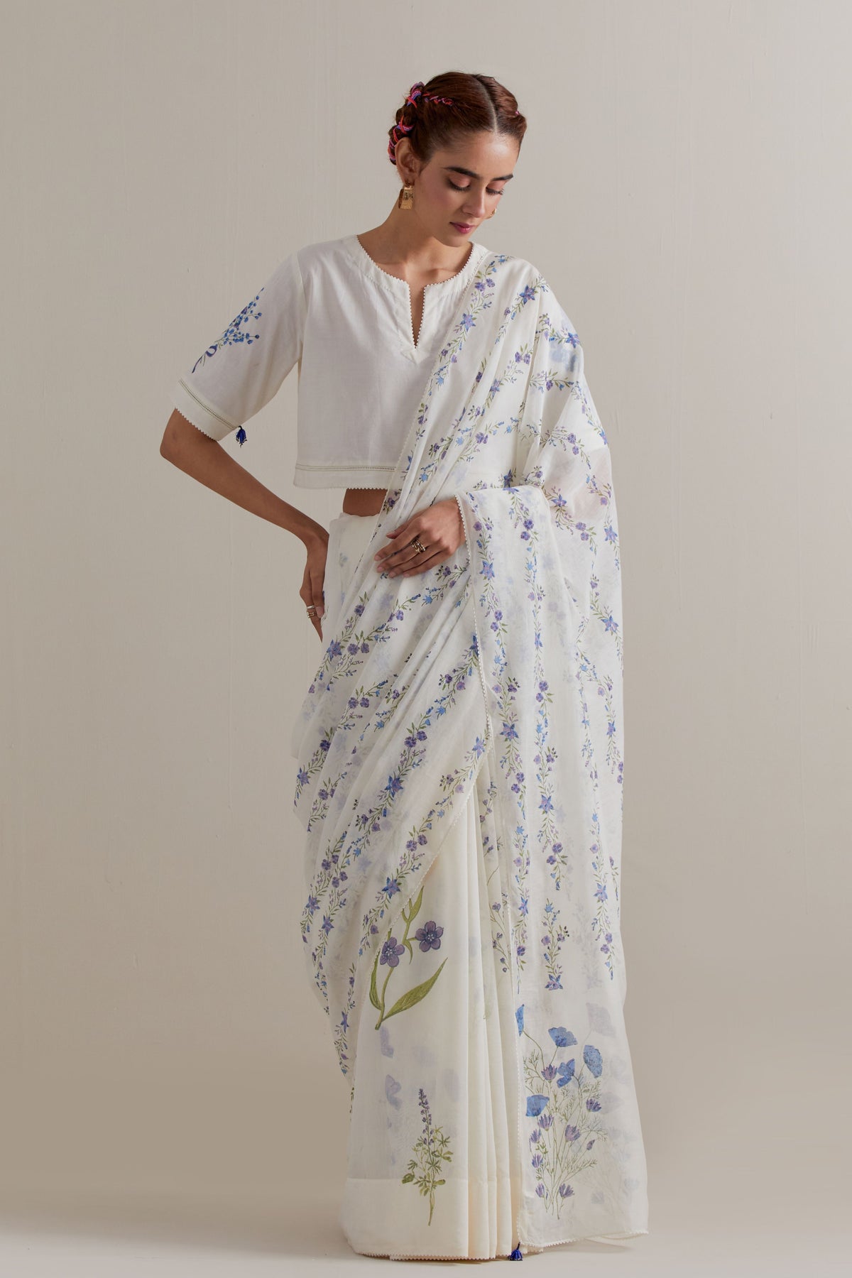 Blue Green Floral Saree Set