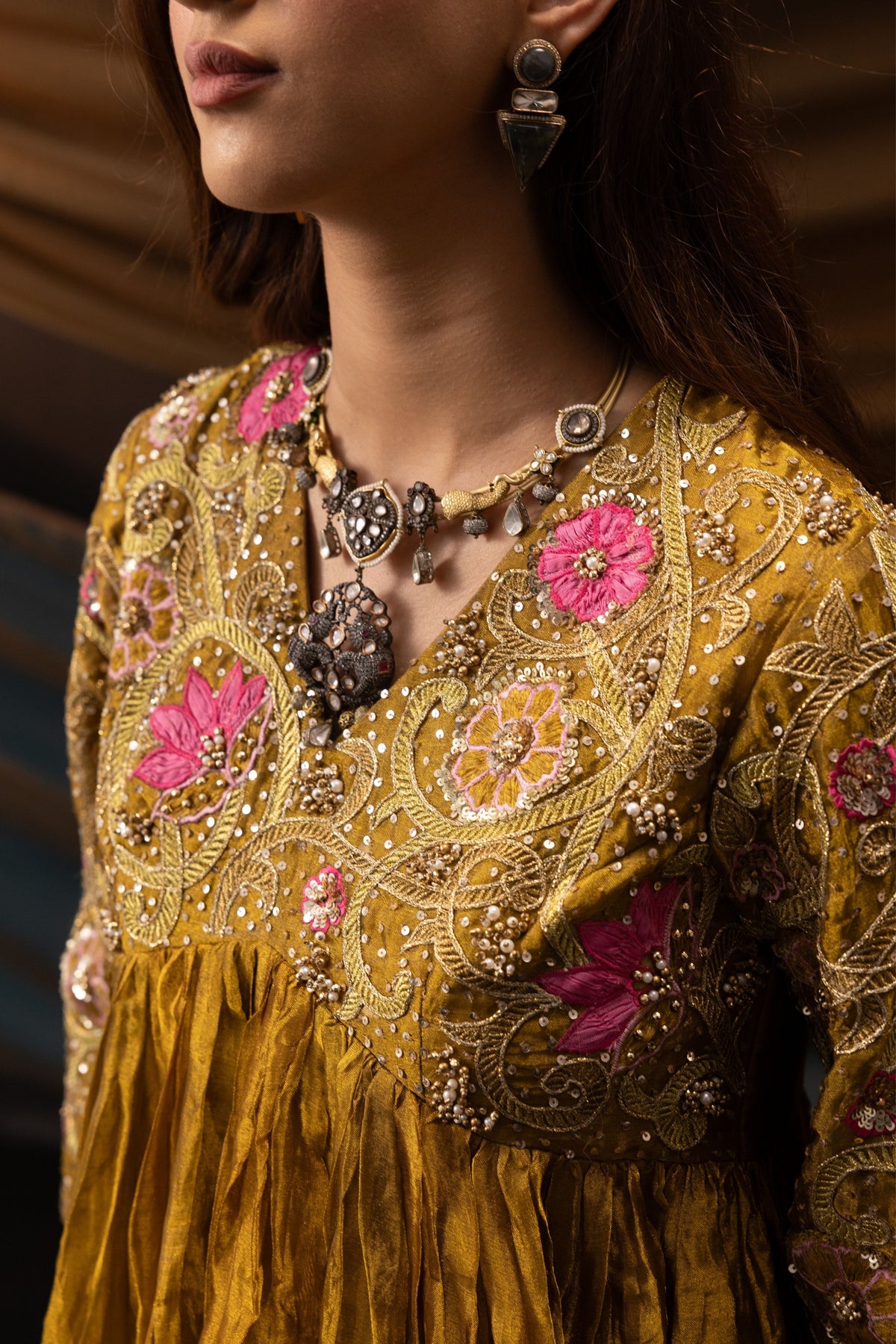 Gold Floral Motif Short Anarkali Set
