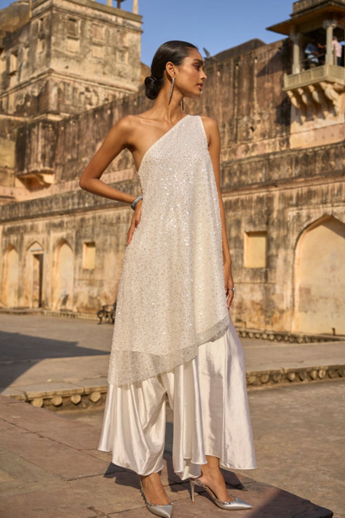Pearl Embroidered One Shoulder Set