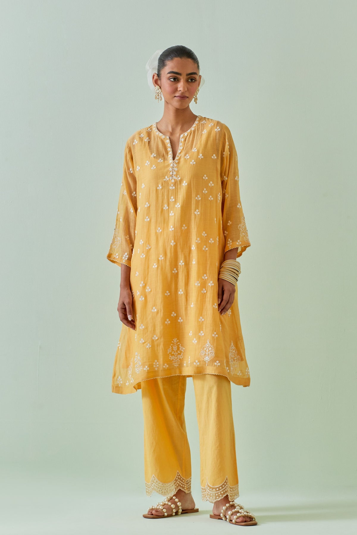 Yellow Embroidered Kalidar Kurta Set
