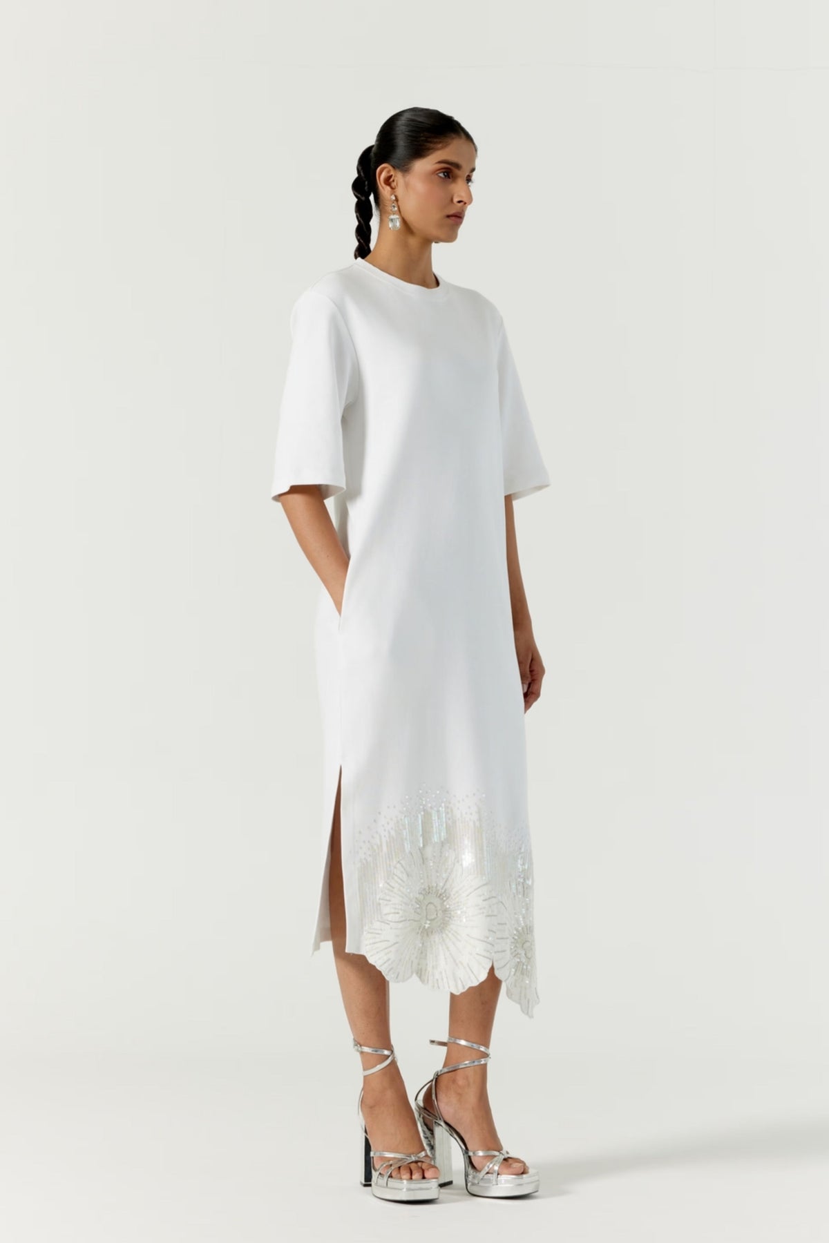 Pansy Printed Hand Embellished White Dress