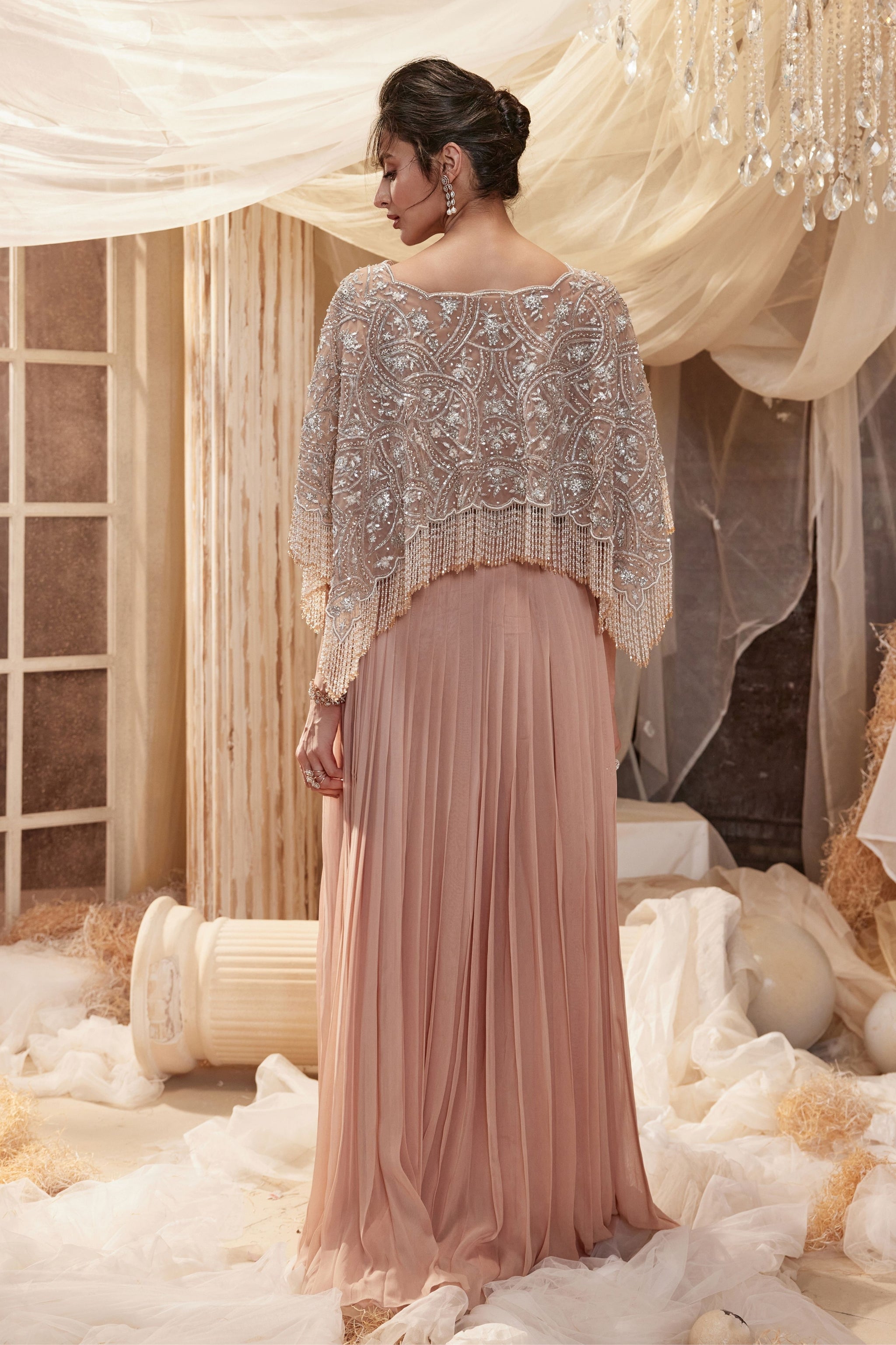 dusty pink cape dress Premiere | Light PINK Boat-Neck Maxi Dress With Cape-Sleeves And Open-Back