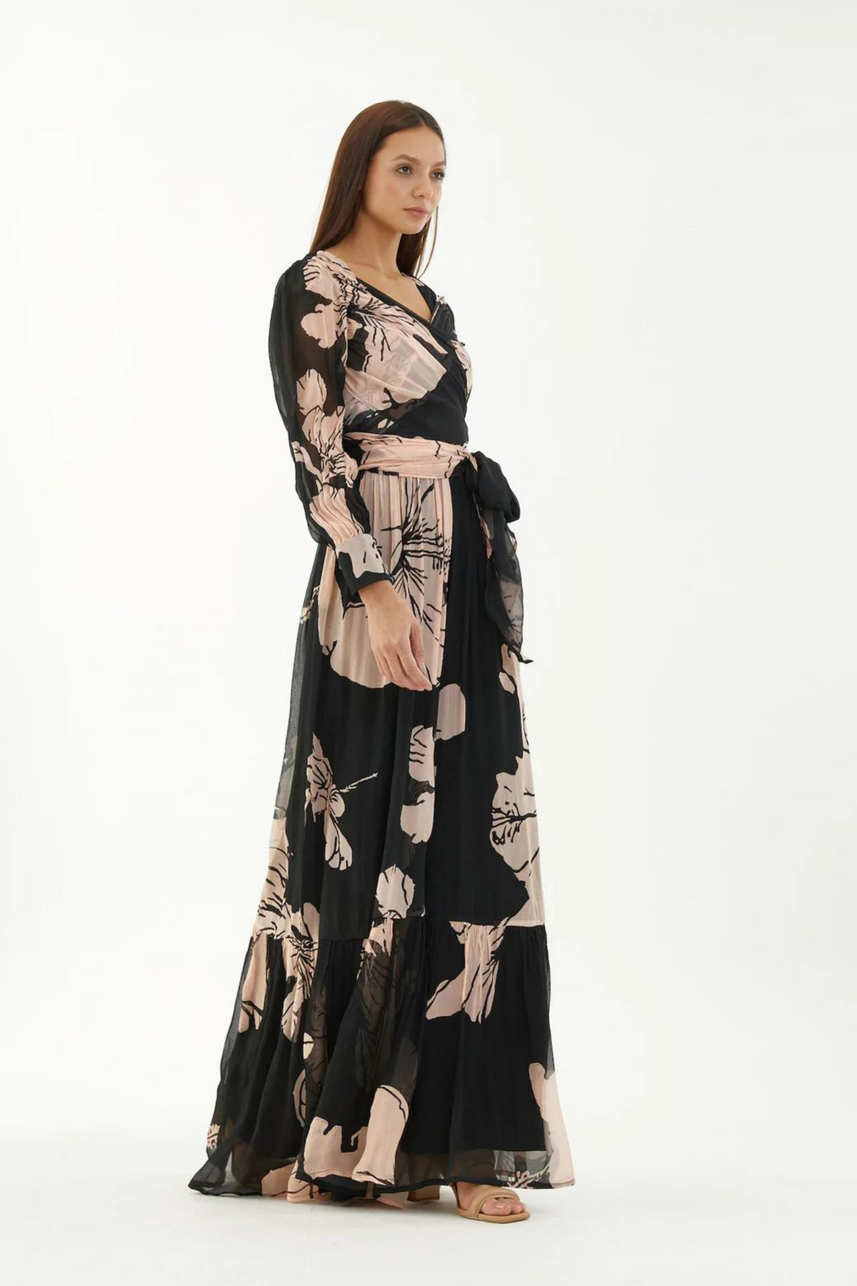 Black And Pink Floral Wrap Jumpsuit