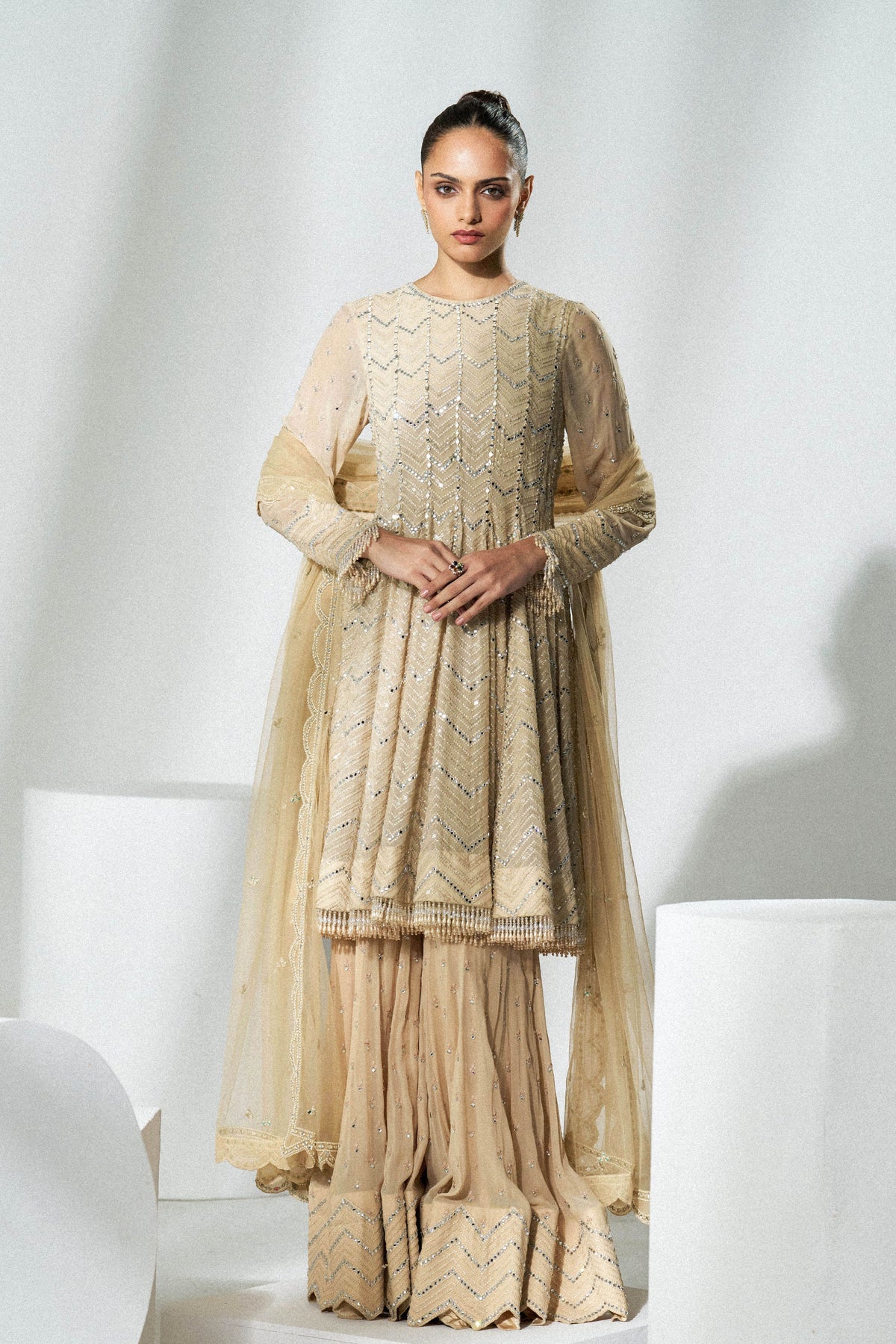 Beige Chevron Sharara Set