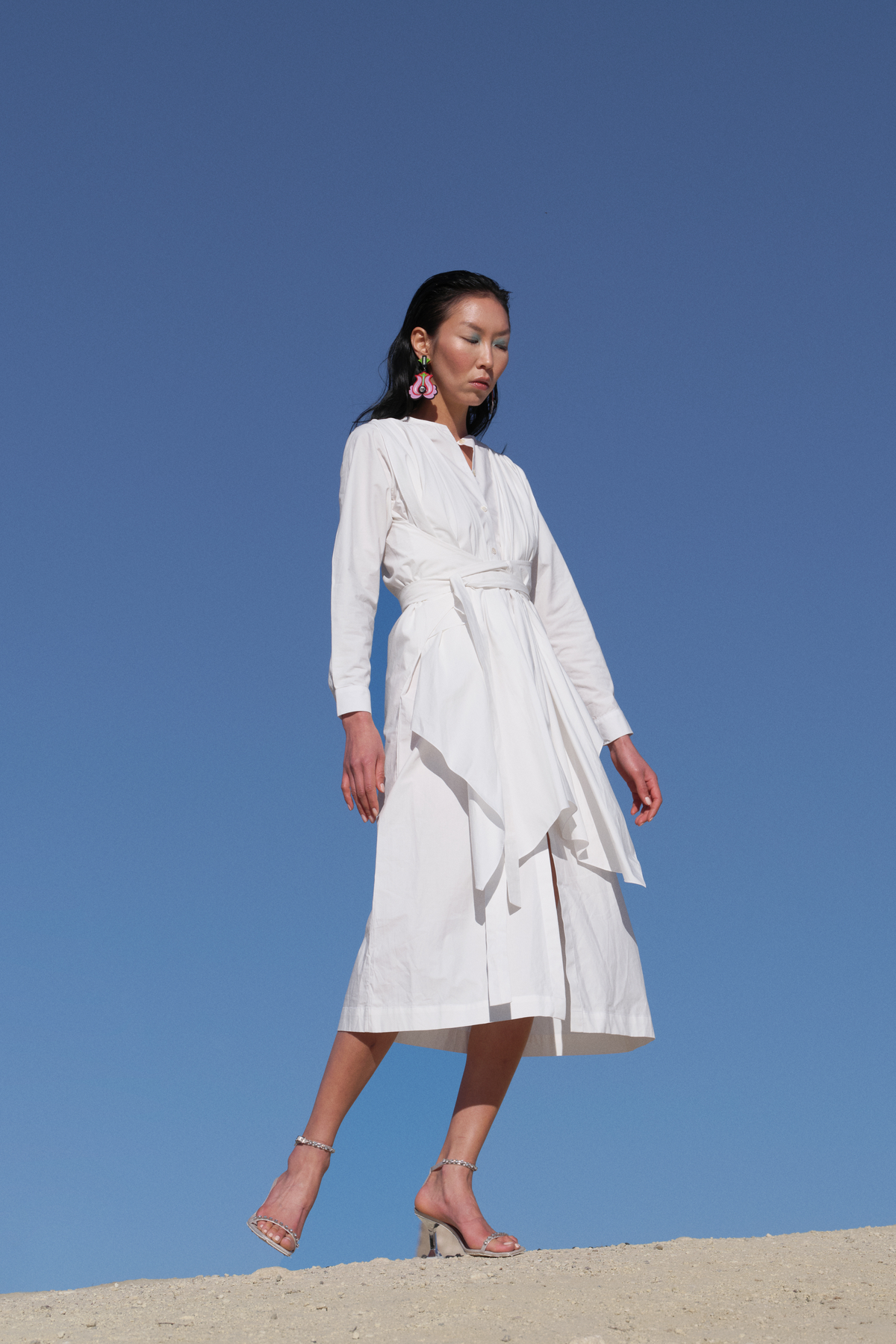 Draped Dress With Belt And Centre-slit