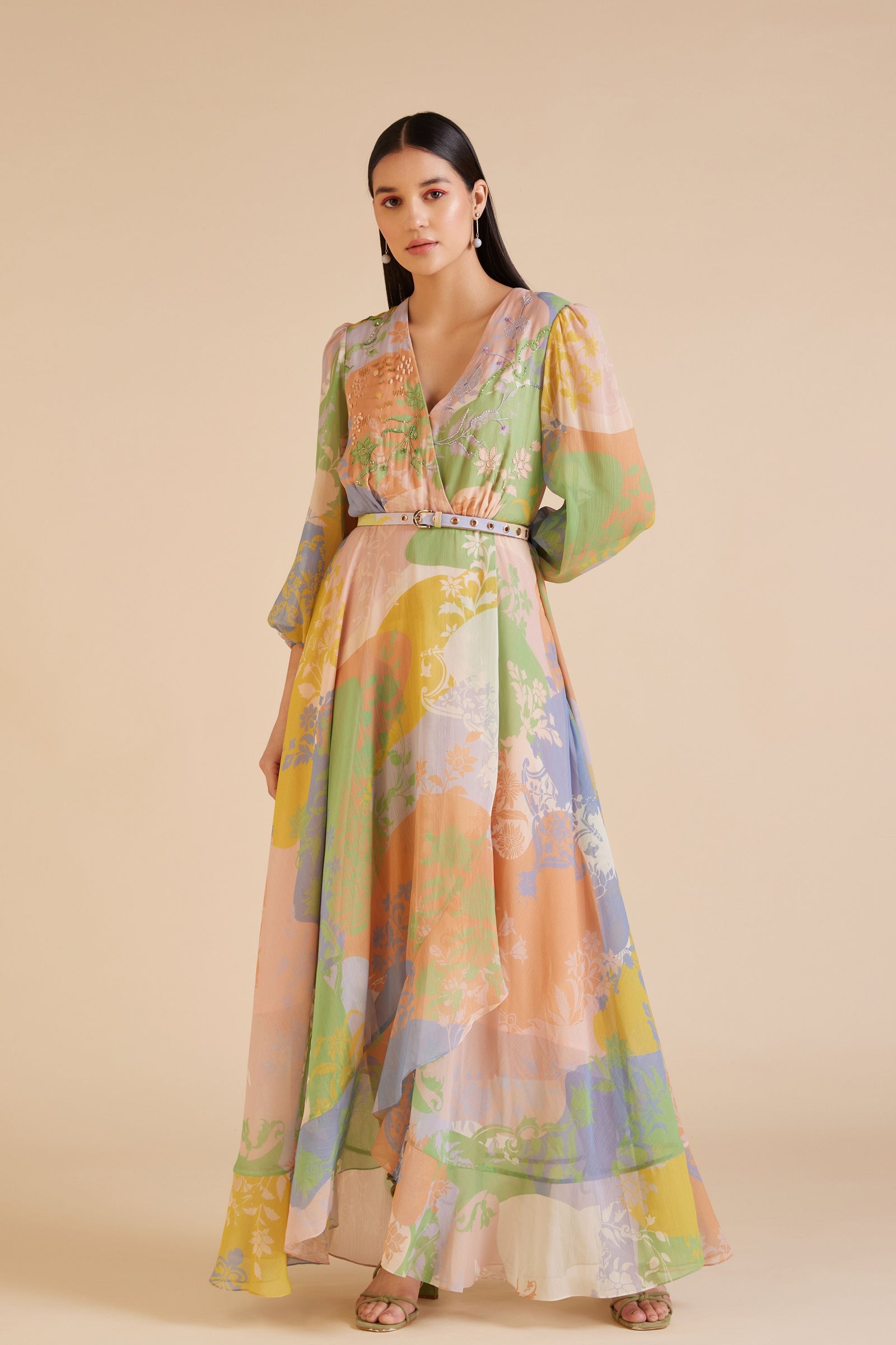 pankaj and nidhi pleated dress Porto Sage Sfumato Pleated Dress