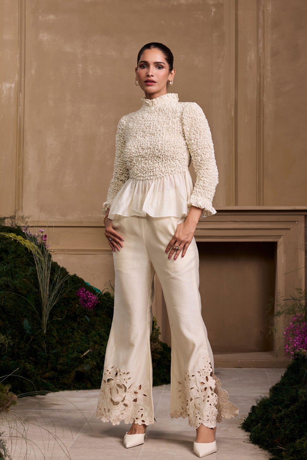 Ivory Pattern Smocked Top