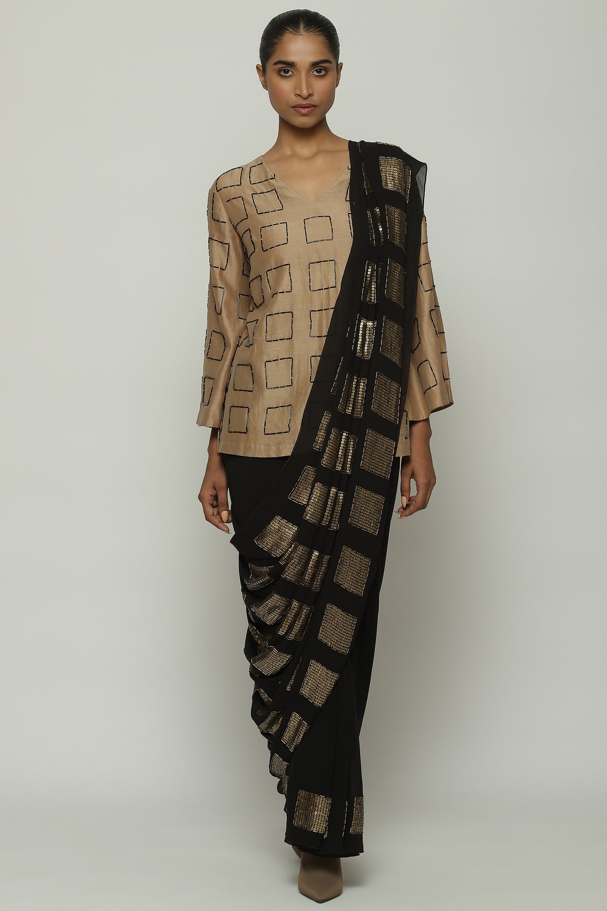 Geometric Square Embroidery Saree