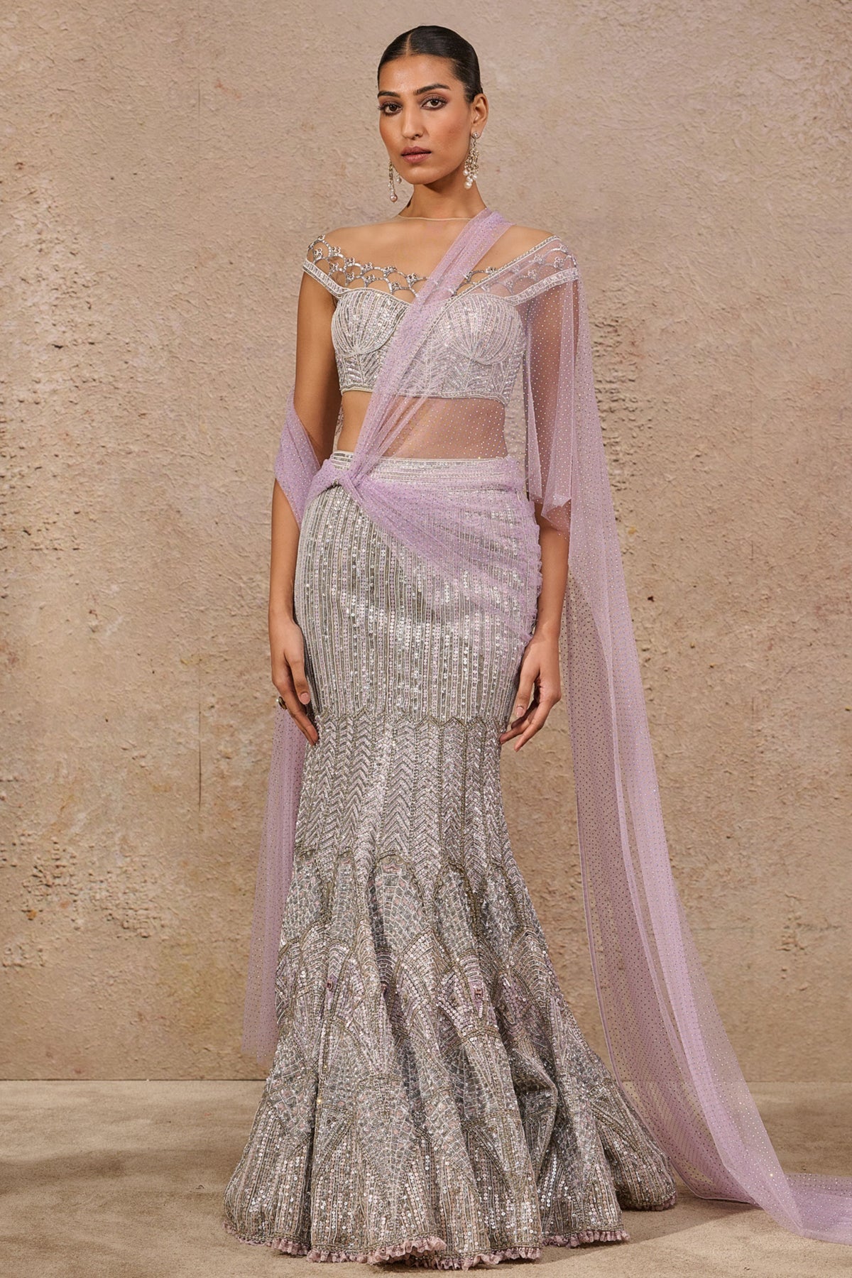 Silver Embroidered Fishtail Skirt Set