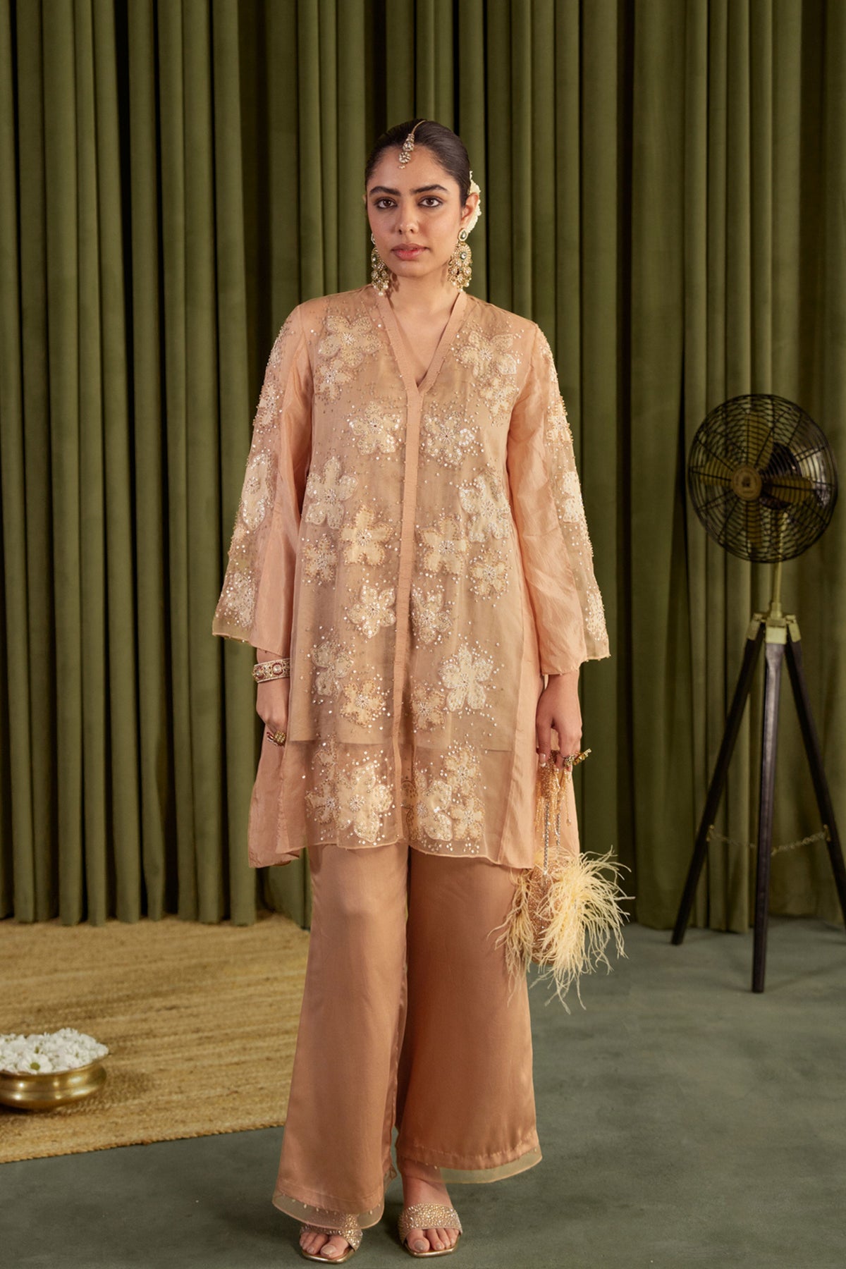 Golden Beige Floral Kurta Set