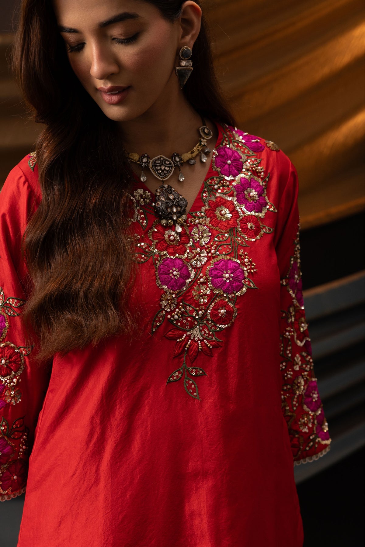 Red 3D Floral Kurta Set