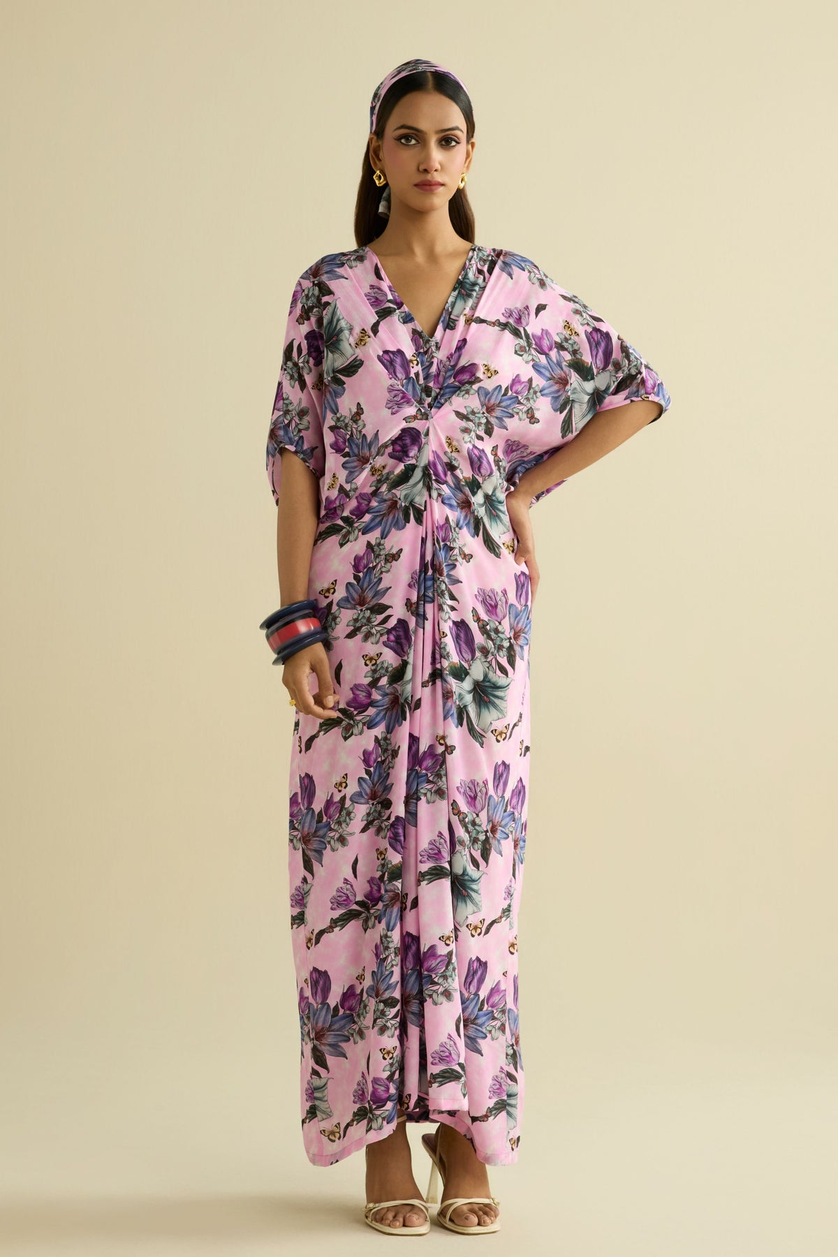 Pink Embroidered Printed Kaftan