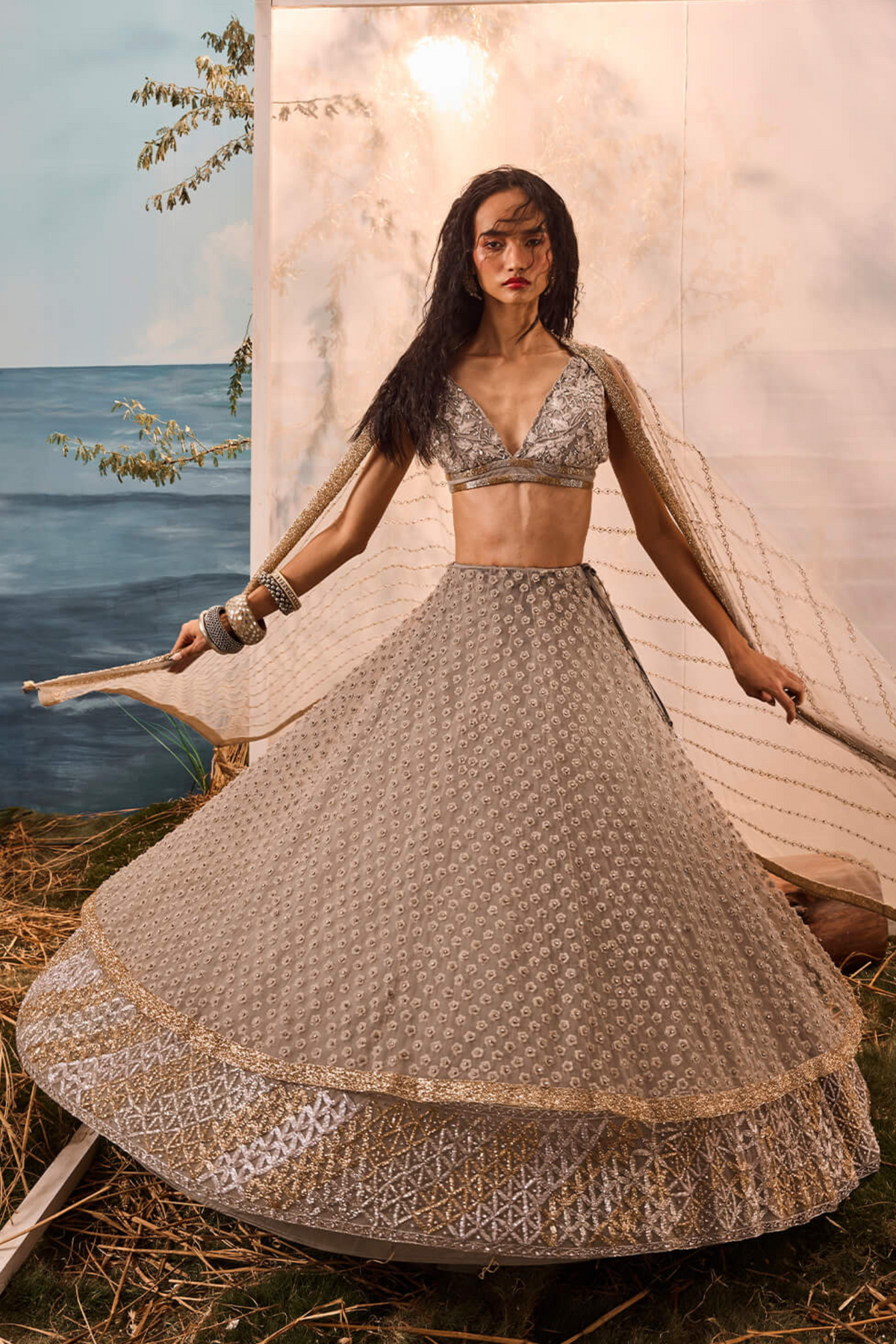 Grey 3d Flower Lehenga Set