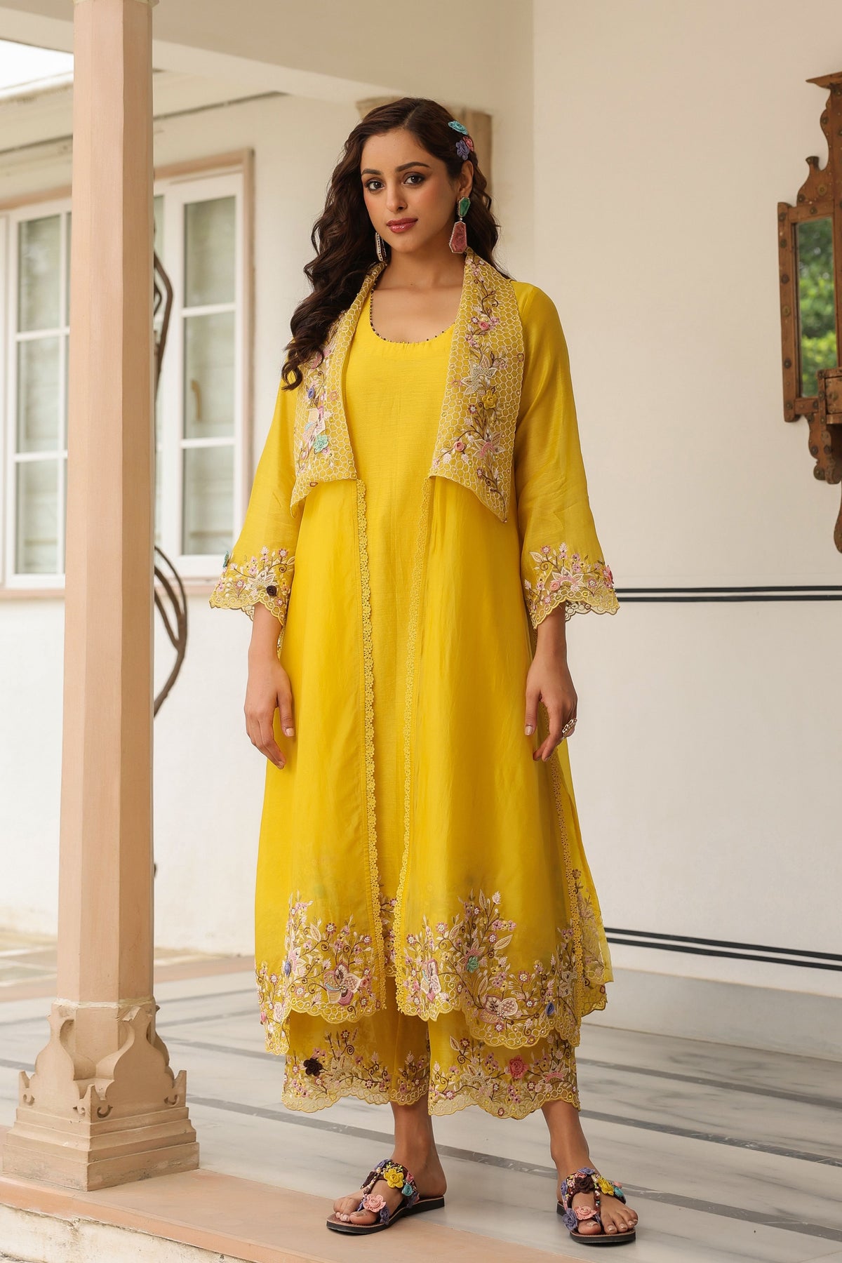 Gulzar Yellow Embroidered Jacket  Set