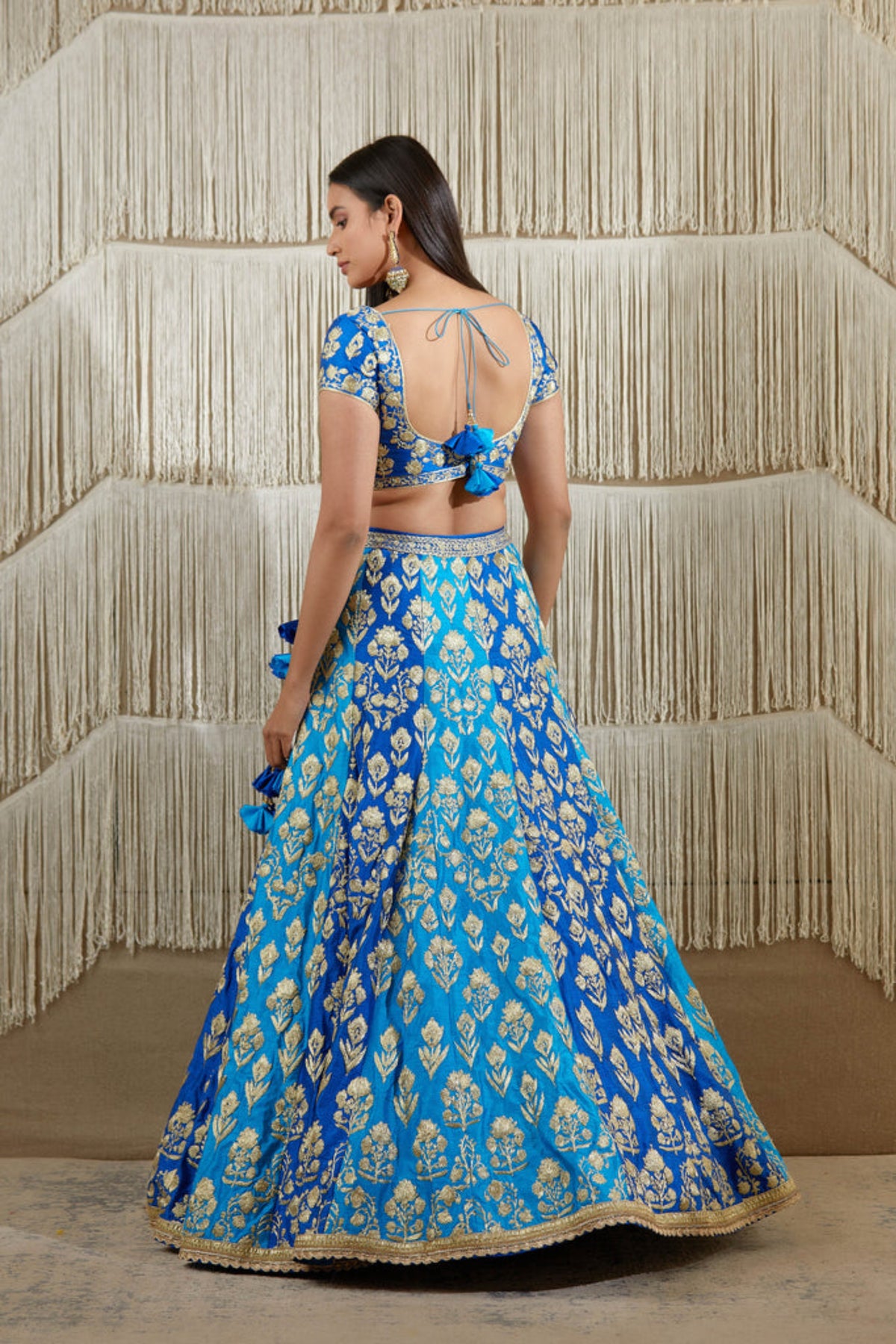 Blue metallic embroidered lehenga set