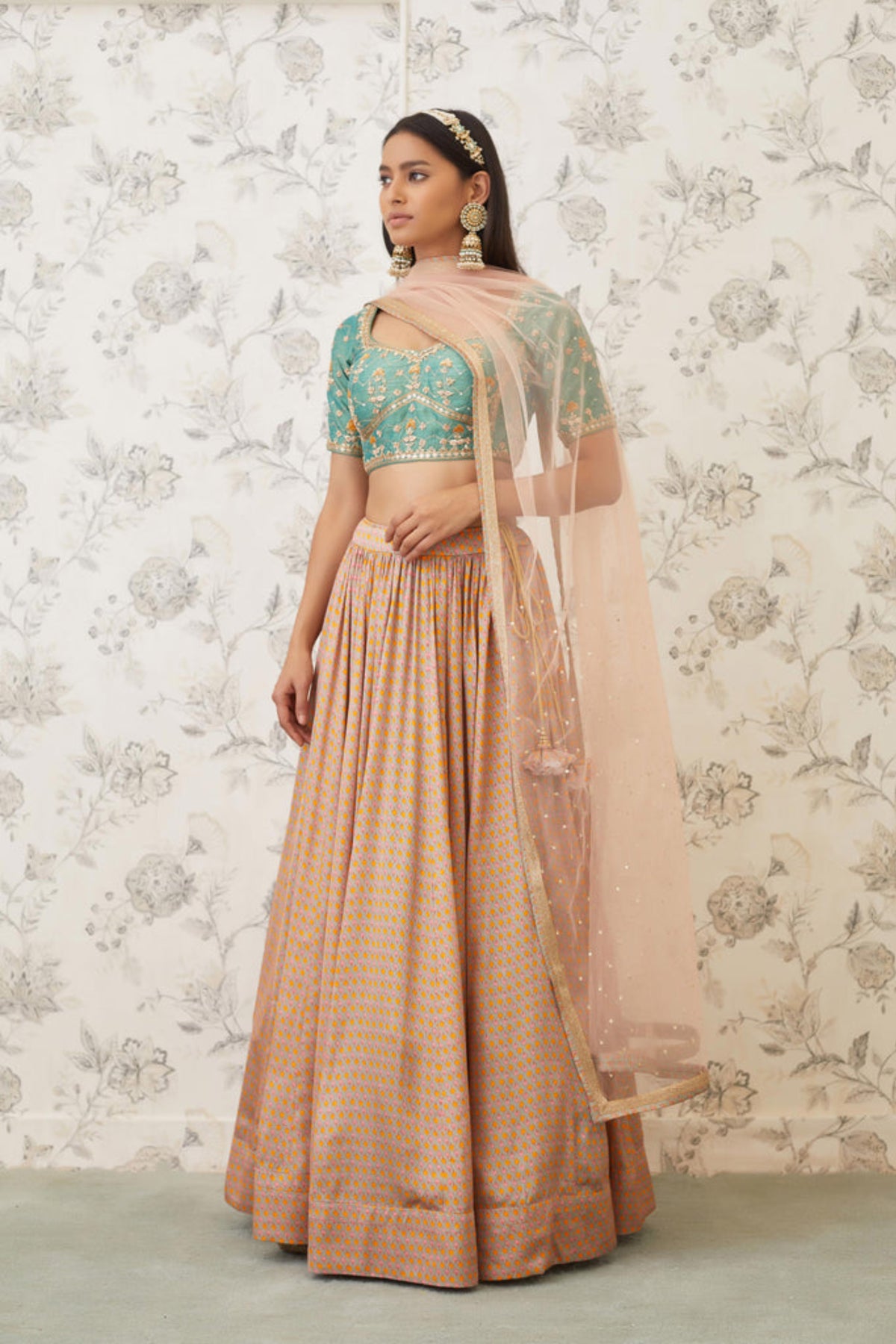 Green and beige lehenga set