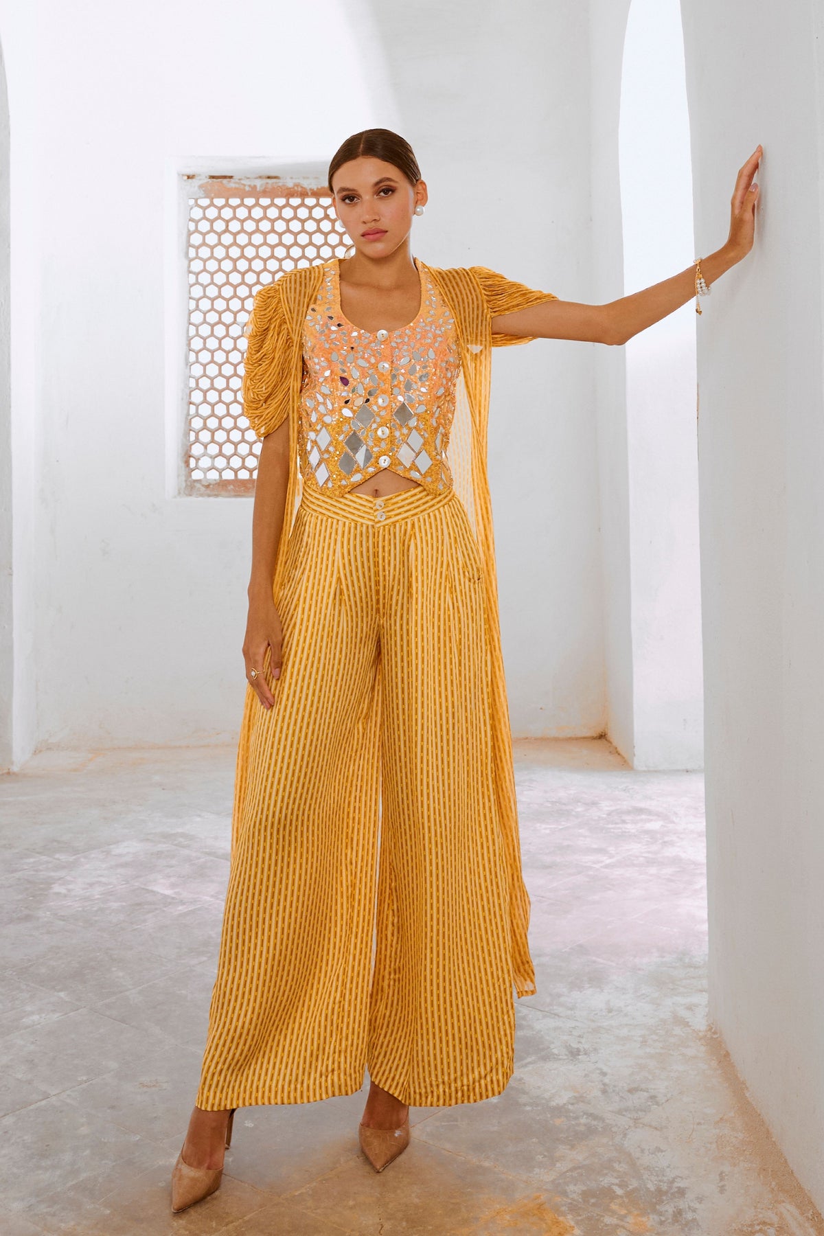 Daisy Yellow Sheesha Koti With Jacket Set