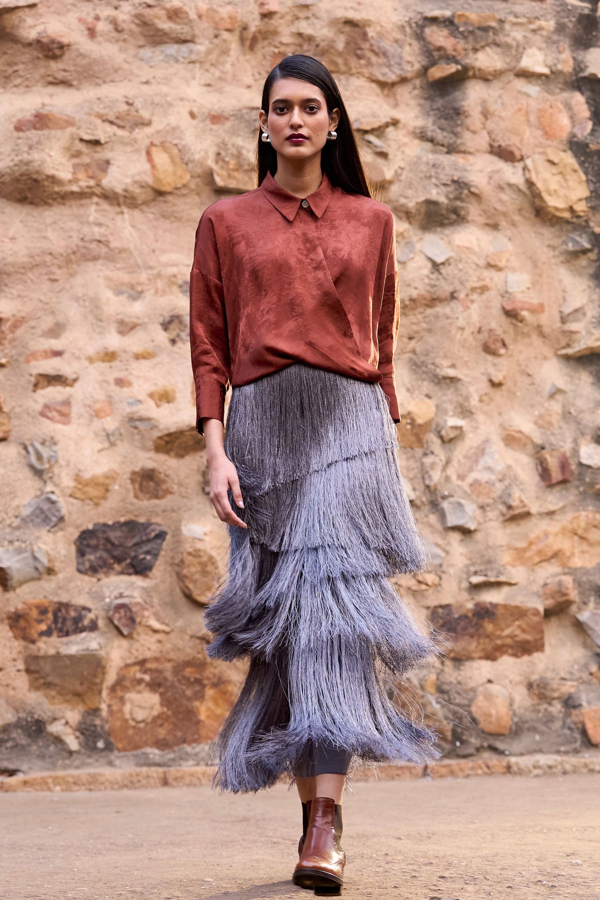 Grey Cascading Fringe Maxi Skirt
