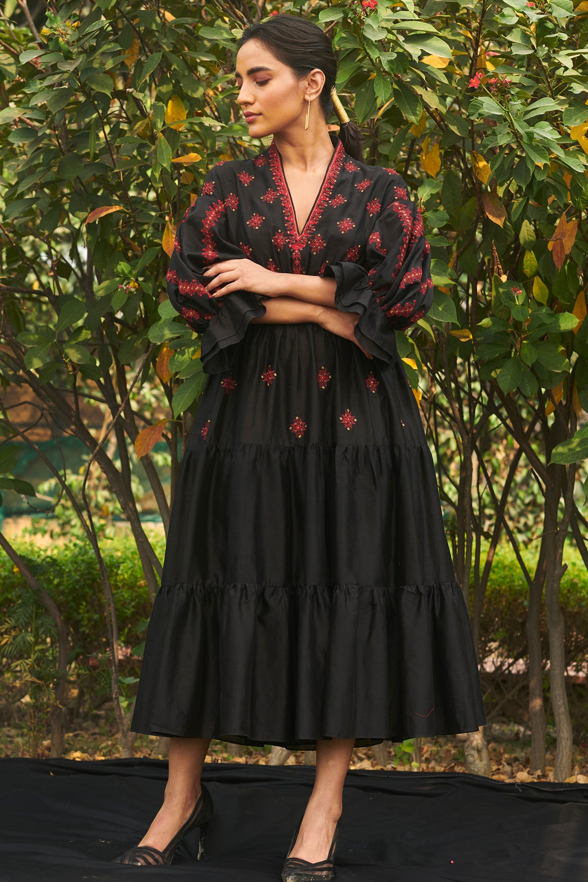 Black chanderi smocked midi dress
