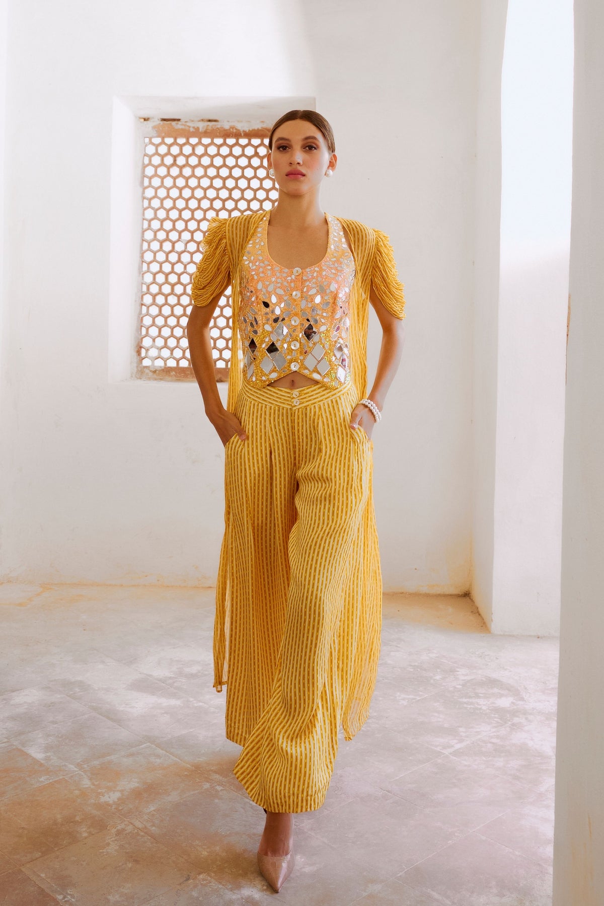 Daisy Yellow Sheesha Koti With Jacket Set