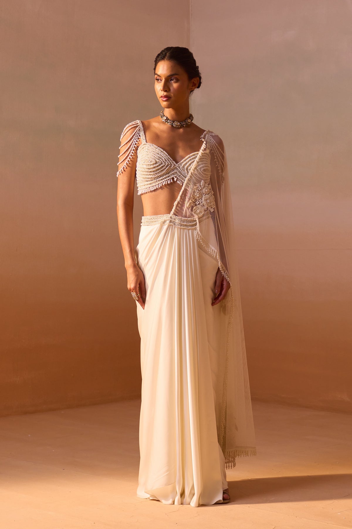 Ivory Pearl Worked Draped Saree