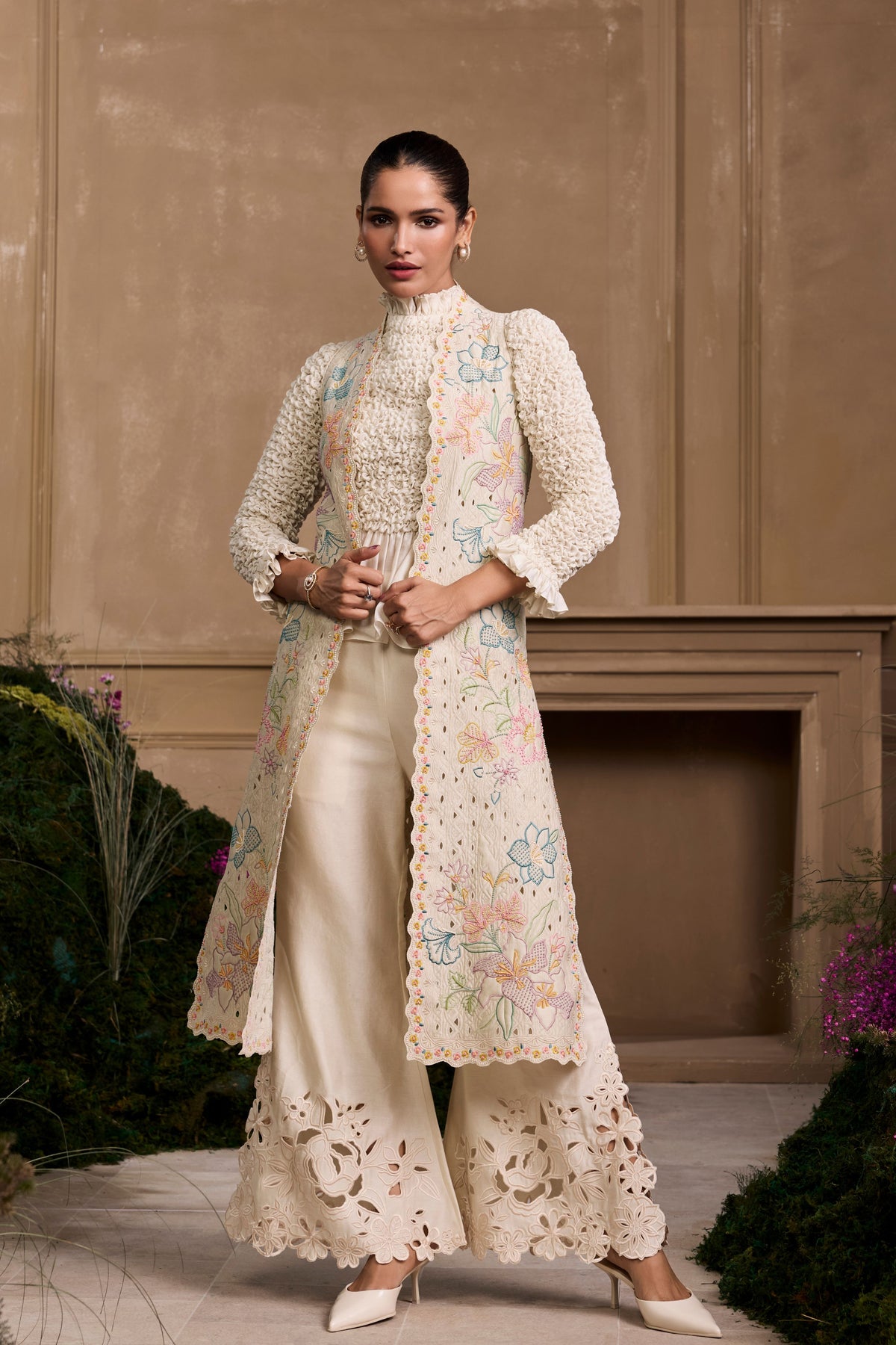 Ivory Pastel Floral Long Jacket