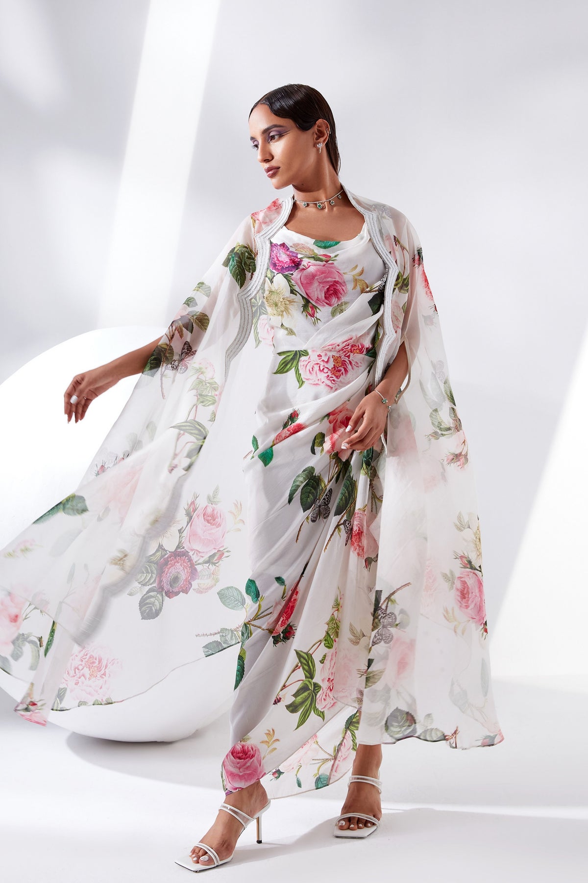 Rose Floral Dress with Cape