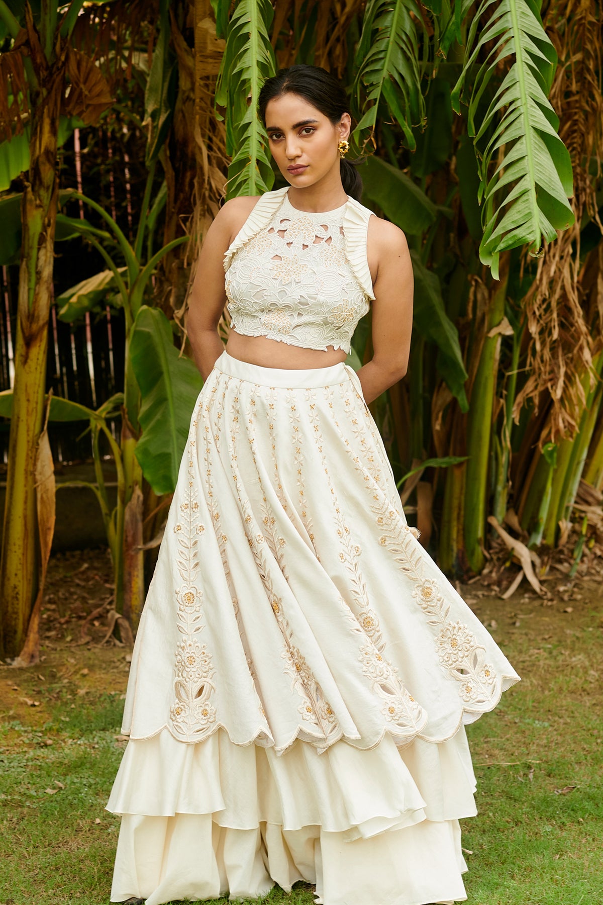 Ivory chanderi cutwork layered lehenga