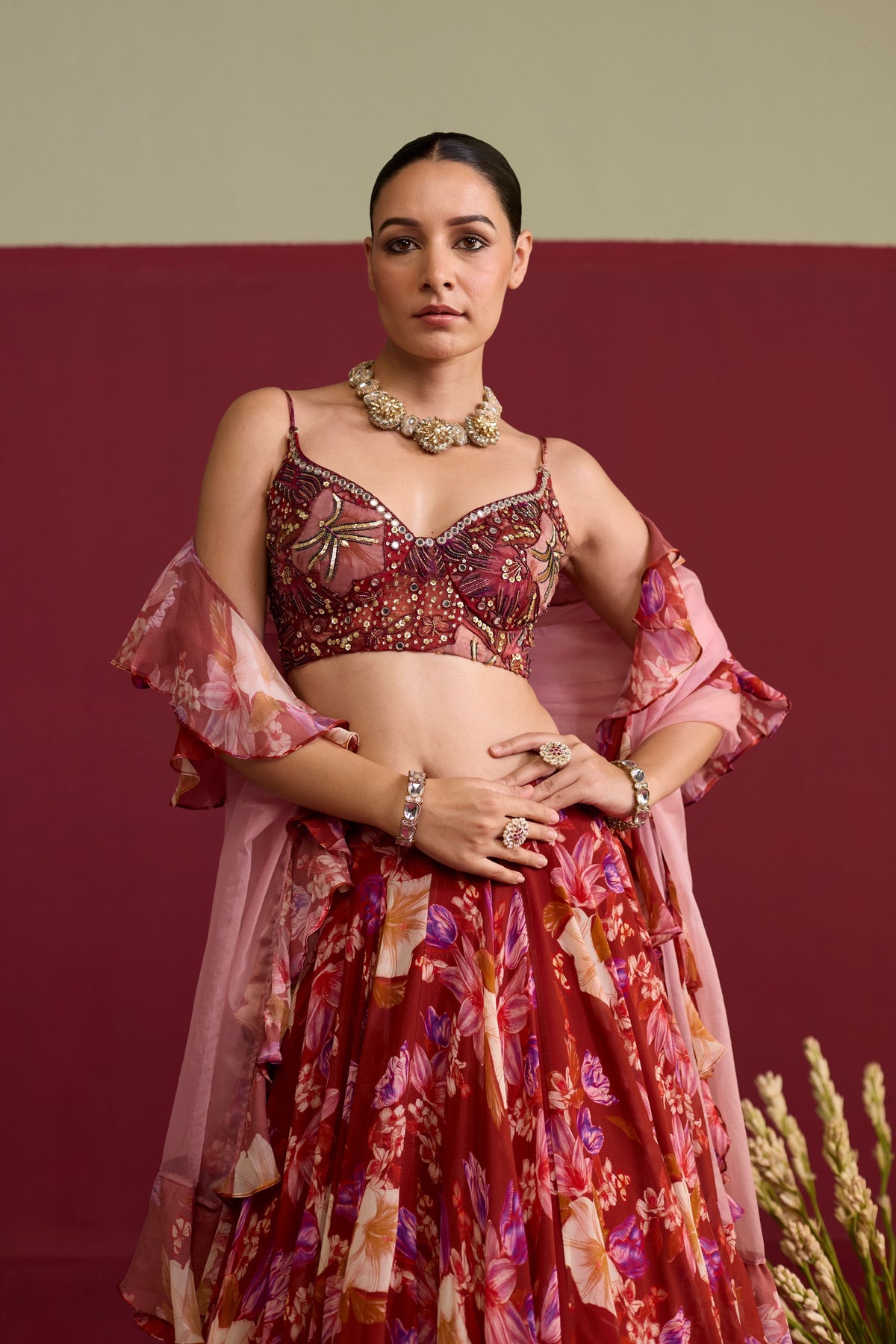 Red Floral Lehenga Set