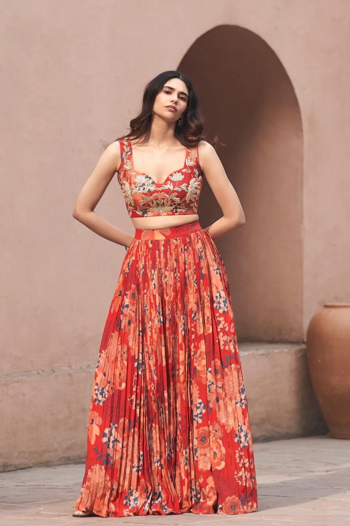 Red Moroccan Pleated Skirt Set