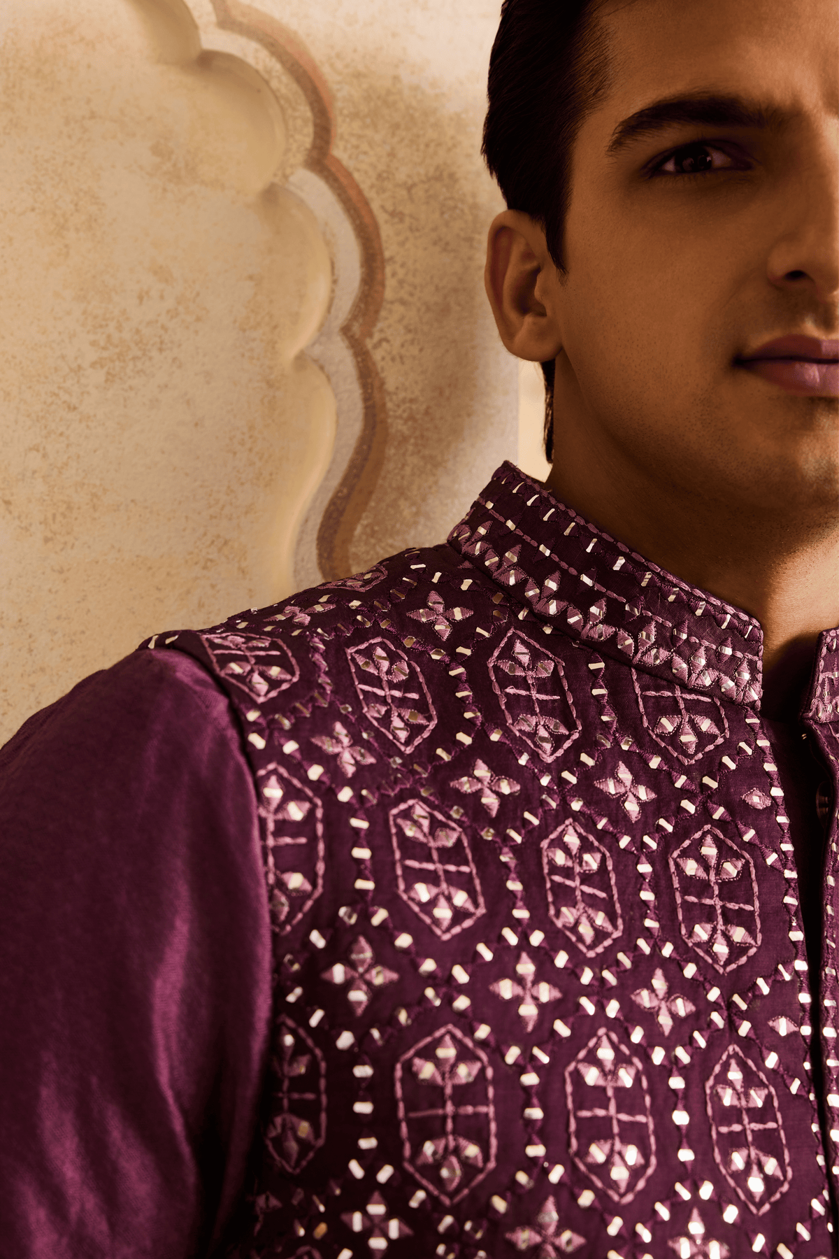 Wine Mirrorwork Bundi Kurta Set