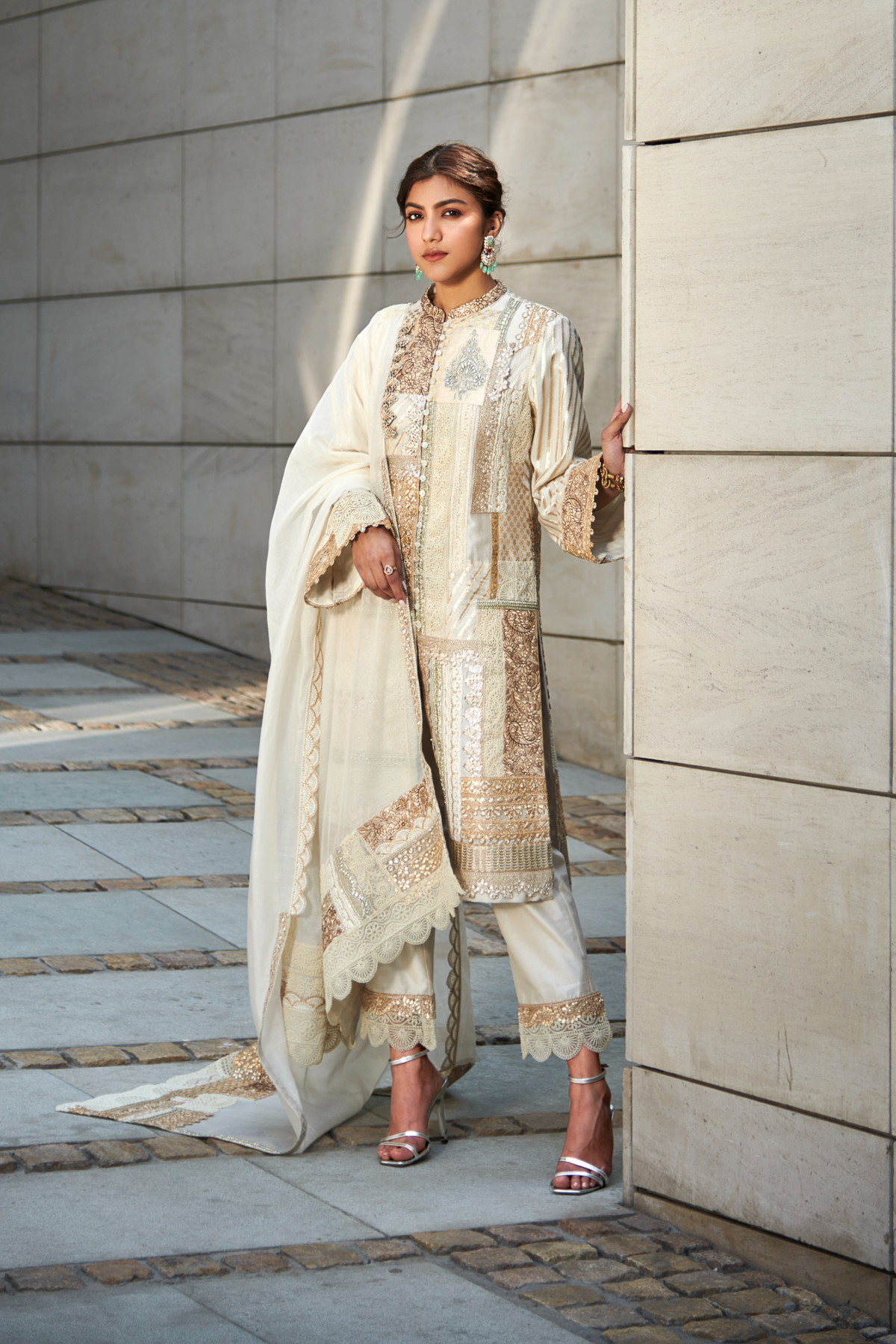 Multi patch ivory and gold front open suit set