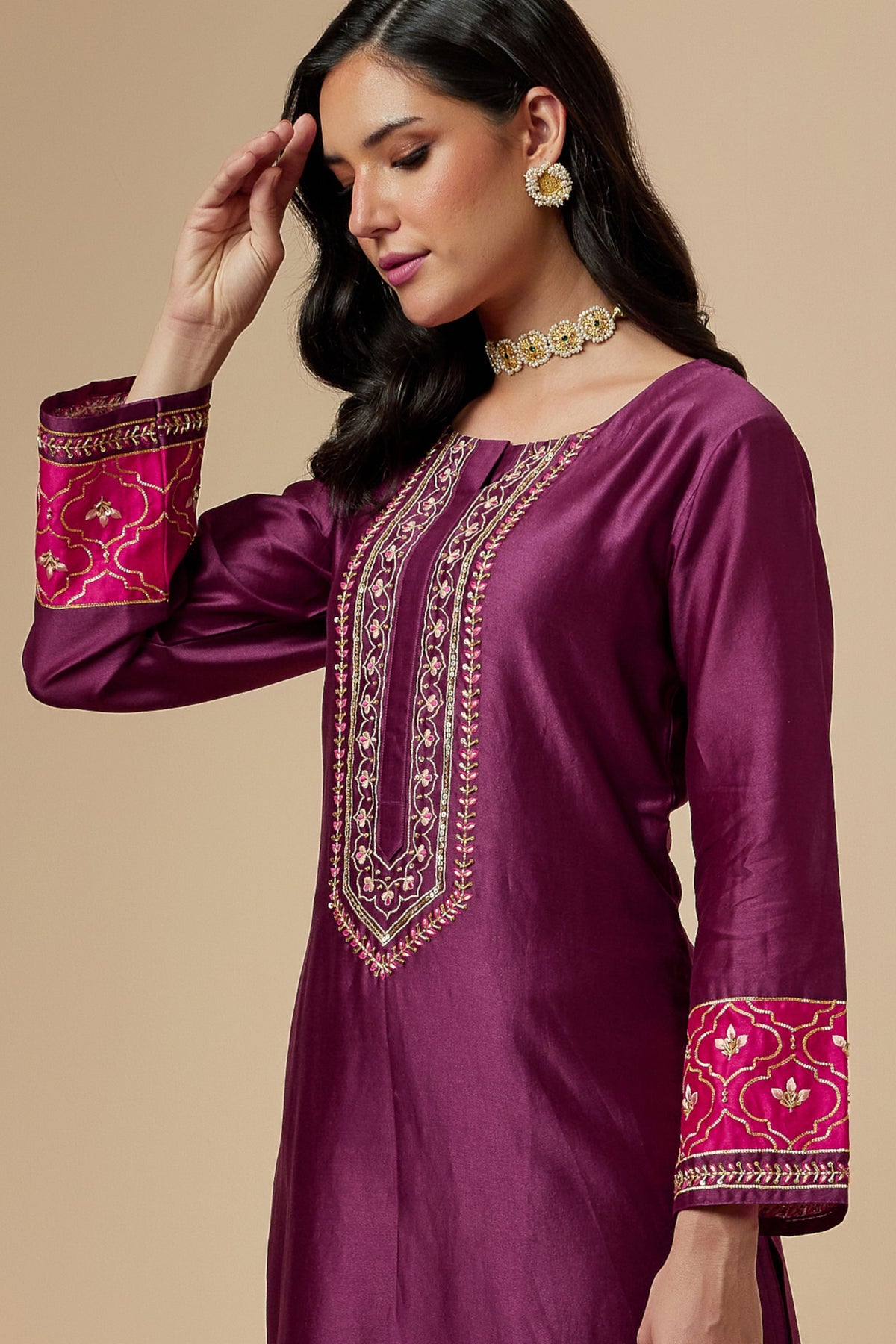 Wine Silk A-line Kurta