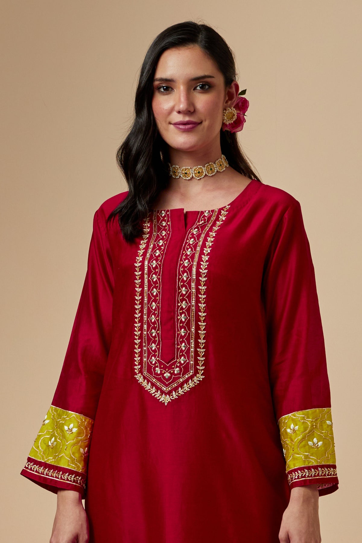 Red Silk A-line Kurta